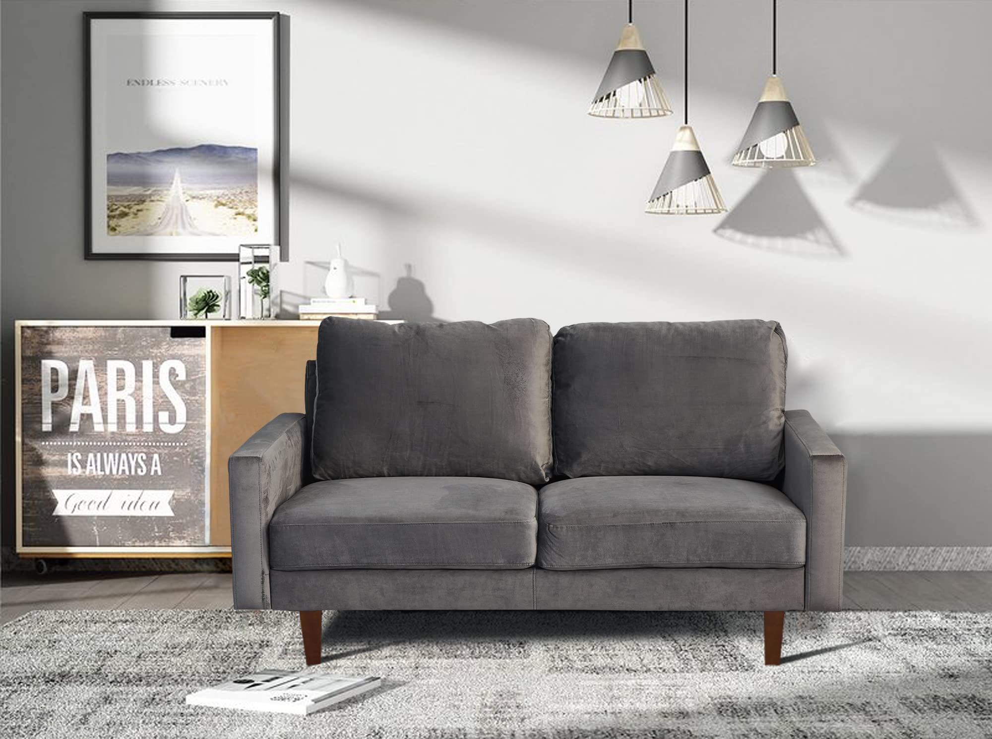 Mid-Century Modern Velvet Sofa Set with Tufted Cushions & Wooden Legs - Grey Living Room Furniture for Home Decor, Lounge & Entertainment Spaces