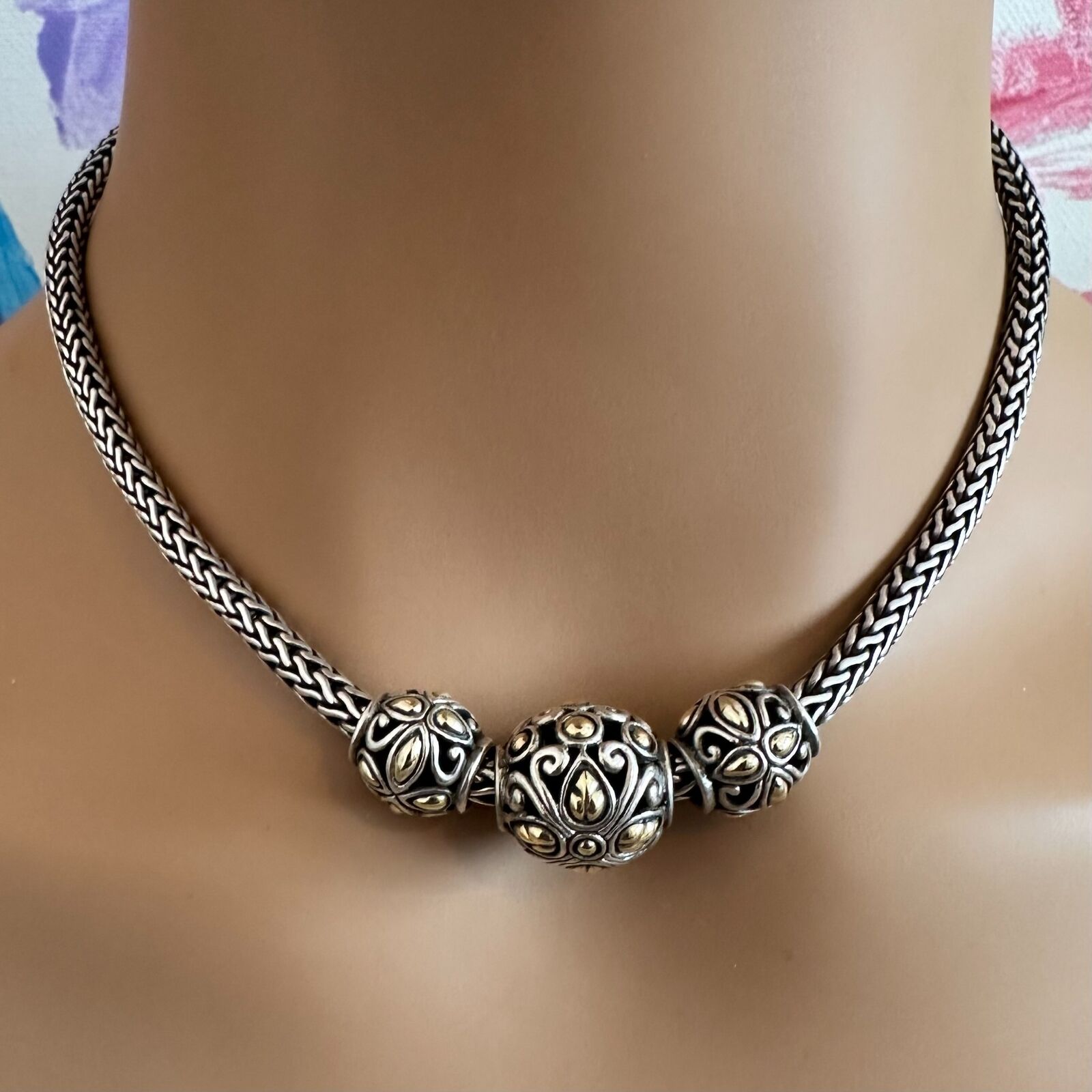 John Hardy JH Sterling Silver & 18k Yellow Gold Jaisalmer Classic Wheat Dot 3 Ball Necklace for Women | Elegant Layered Jewelry for Weddings, Parties & Special Occasions