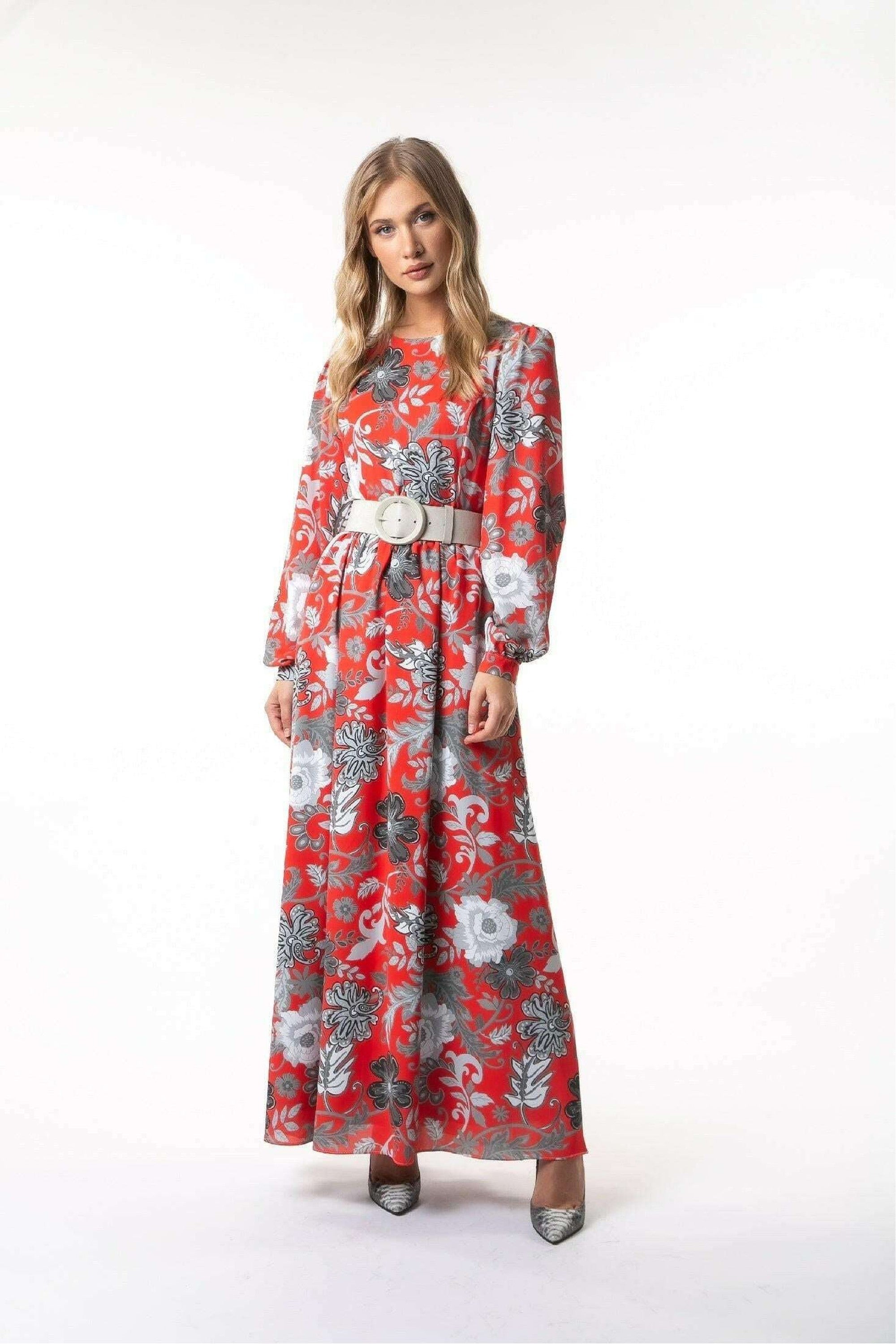 Kelly Floral Long Maxi Dress with Long Sleeves - Elegant Boho Summer Dress for Women, Beach Wedding Guest Outfit, Vacation & Party Wear