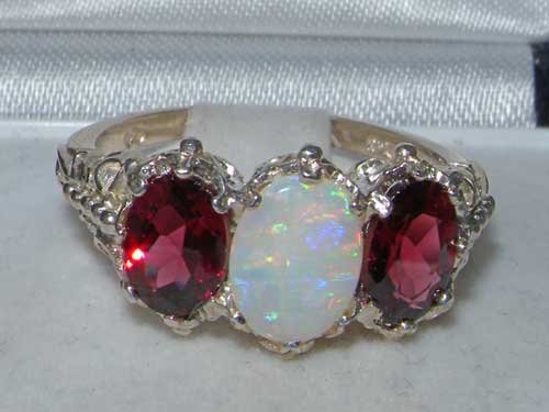 925 Sterling Silver Natural Opal & Garnet Promise Ring for Women - Size 9.5, Elegant Gift for Anniversary, Engagement or Special Occasion