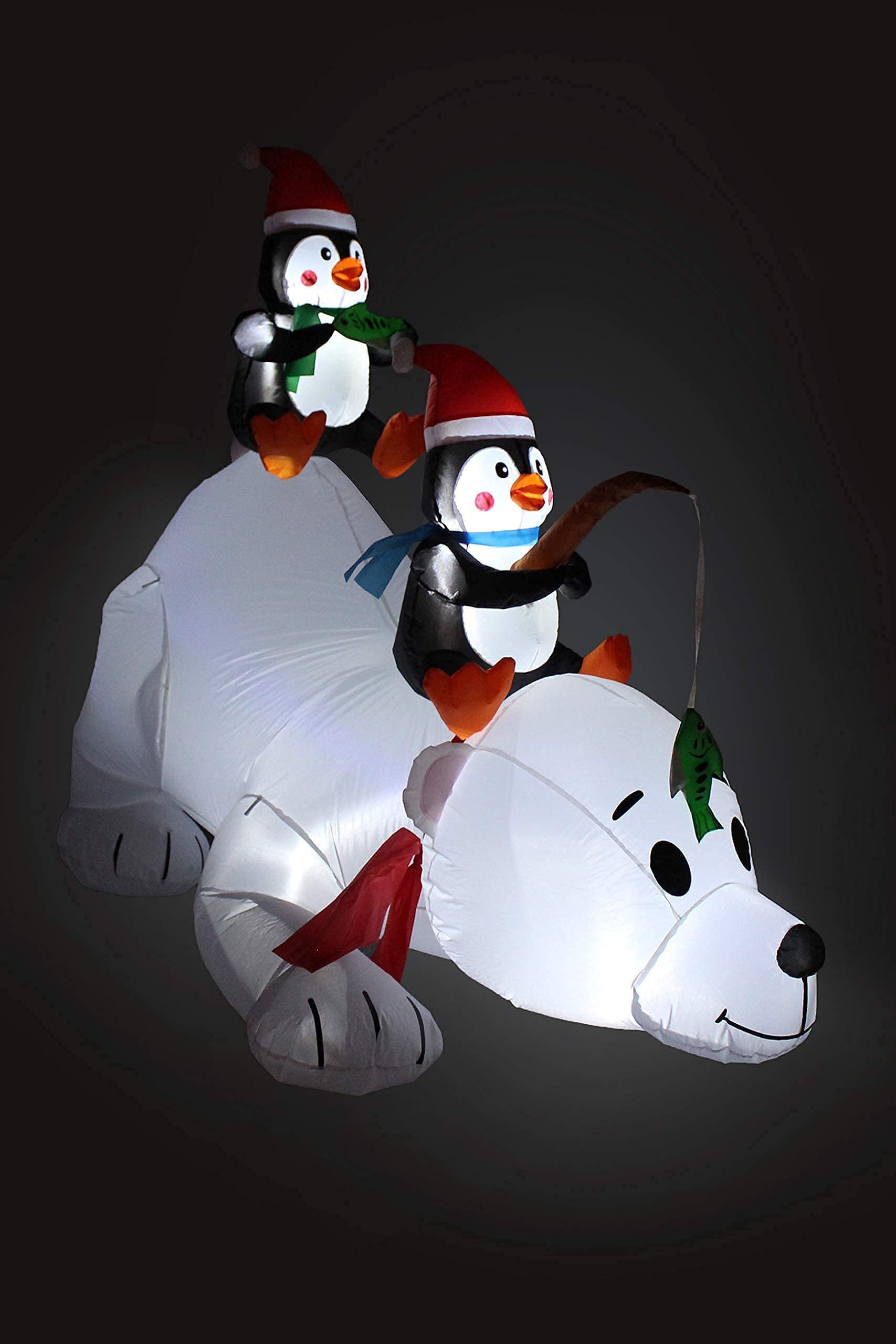 8ft Inflatable Santa Claus on Fishing Boat & 6ft Christmas Inflatable Penguins with Polar Bear - Outdoor Holiday Decorations Bundle for Christmas Party, Yard, and Home Decoration