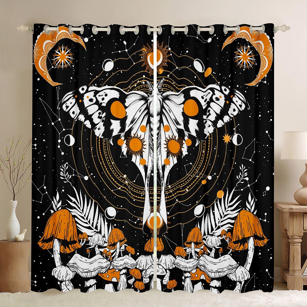 Trippy Yellow Mushroom & Moon Phases Window Curtains Set of 2 Panels - 38x54 Inches Hippie Galaxy Bedroom Decor for Teens & Adults | Perfect for Boho, Astrology & Psychedelic Room Themes