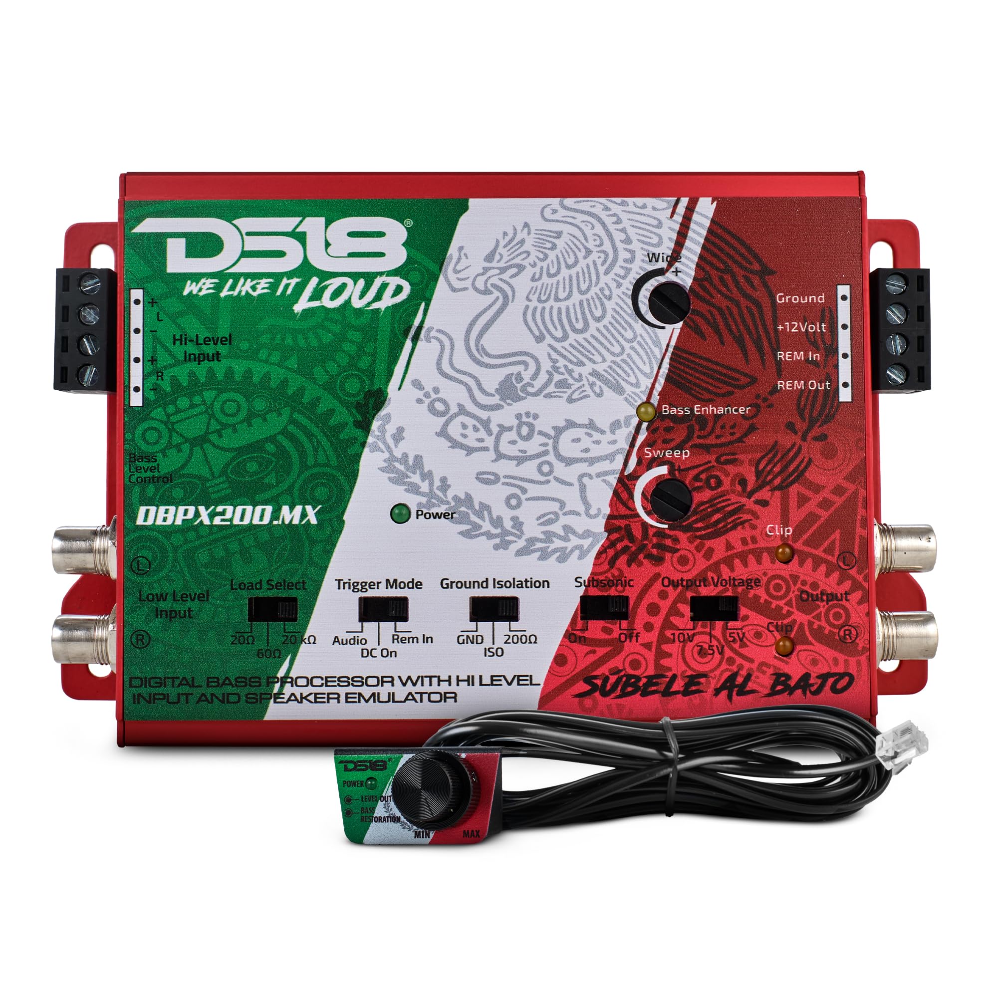 DS18 DBPX200 Digital Bass Processor with Hi-Low Signal Converter & Speaker Emulator - 2-Channel Preamp Input/Output, Adjustable Bass EQ - Car Audio System Enhancement for Subwoofers and Amplifiers