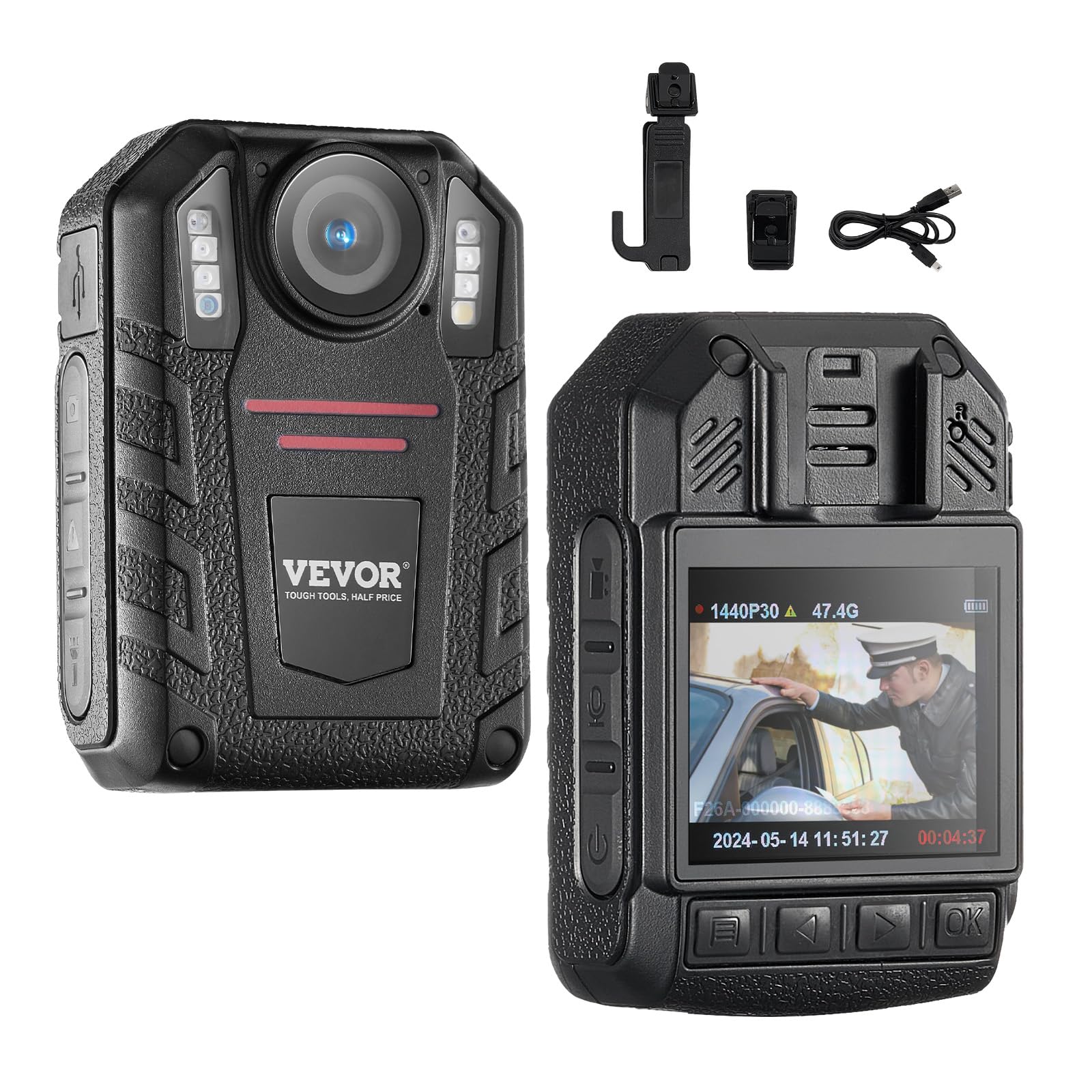 VEVOR 1440P HD Police Body Camera with Night Vision - 64GB Body Cam with Audio Video Recording, 2850mAh Battery, 2