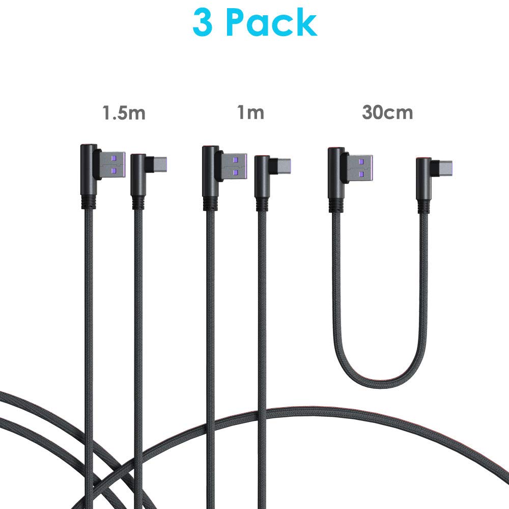 TECHGEAR 3-in-1 USB C Cable Set (1ft+3.3ft+5ft) 90 Degree Right Angle Fast Charging & Data Sync Cable for Samsung Galaxy S25/S24/S23/S22/S21, A16/A36/A54 5G, Google Pixel 9/8, OnePlus, Oppo Find X8/X5, Redmi Note, Motorola - Perfect for Home, Office & Travel Charging