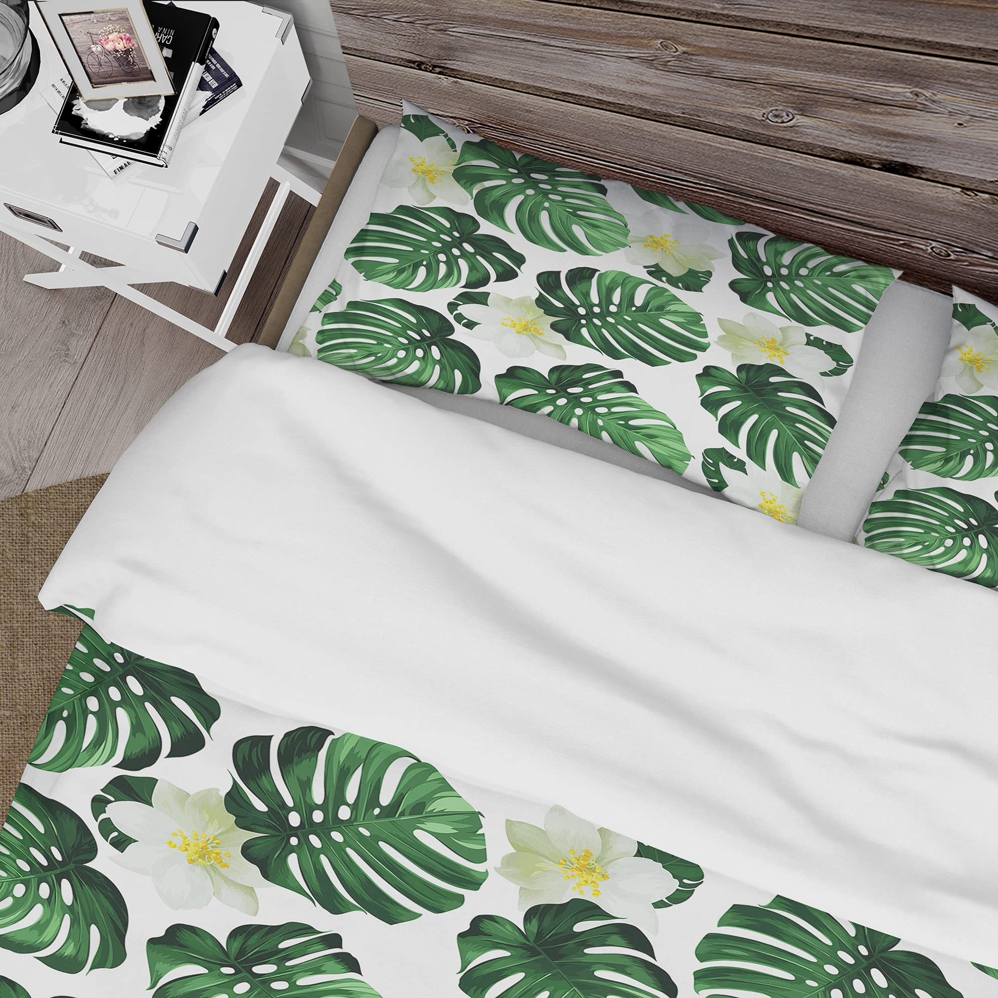 DesignQ Monstera Leaves with Exotic White Flowers Floral Duvet Cover Set - King Size, Soft Breathable Bedding for Boho Chic Bedroom Decor