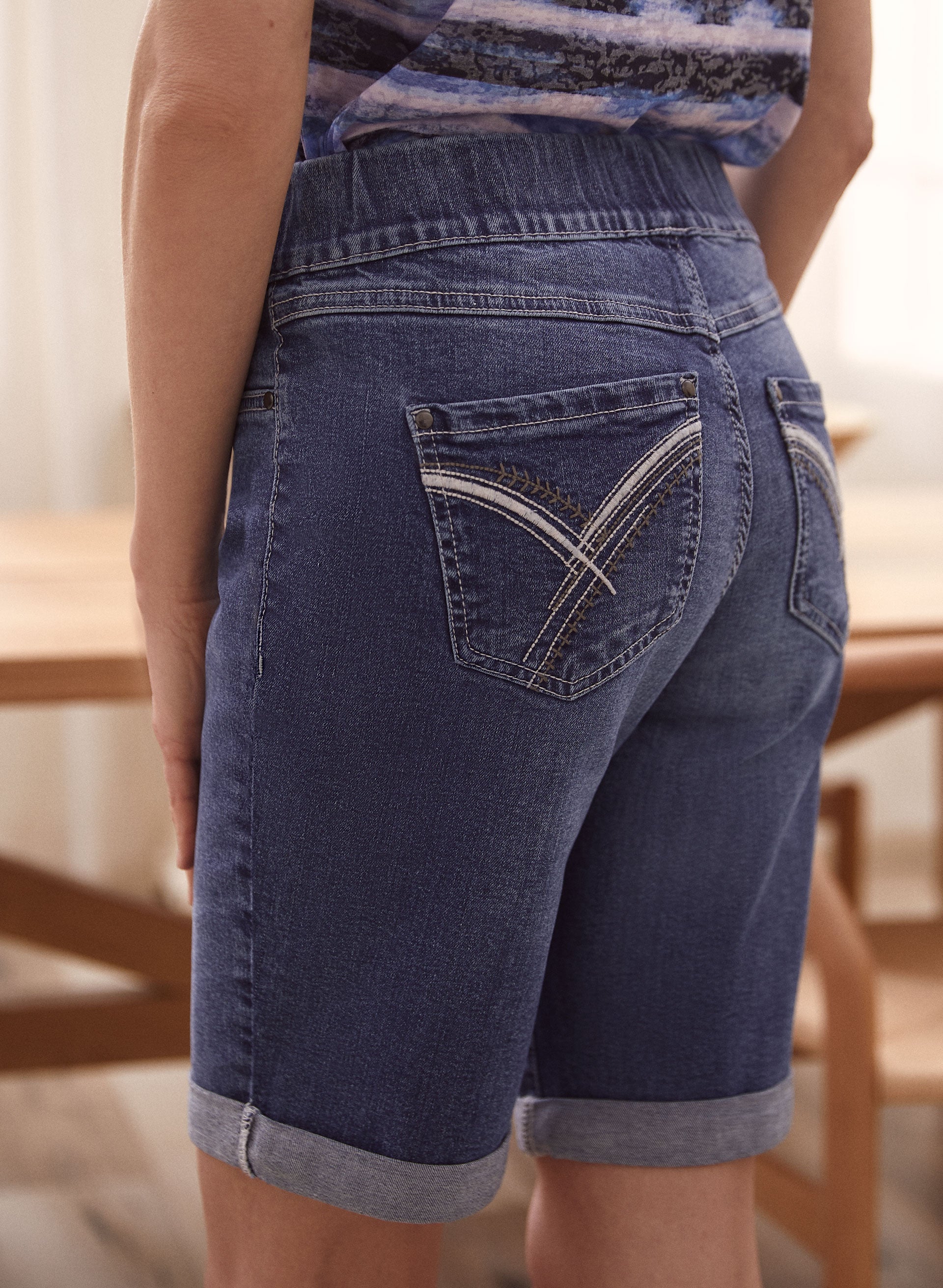 Embroidered Pull On Denim Shorts for Women - High Waisted Stretch Comfort Fit Summer Casual Shorts - Perfect for Beach, Vacation and Everyday Wear