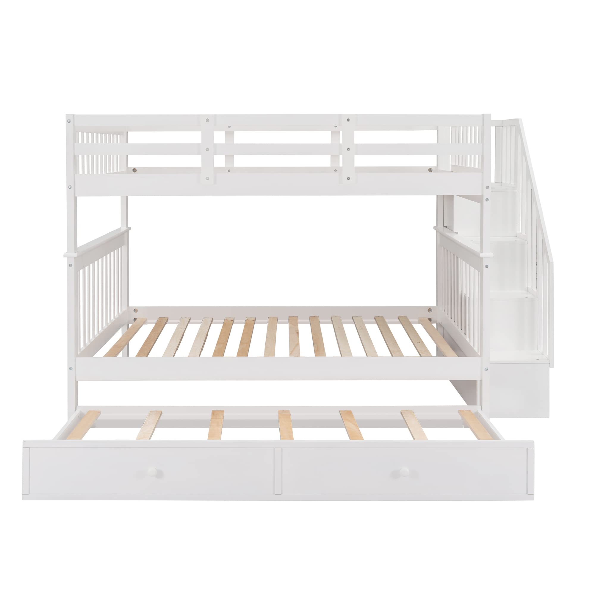 MERITLINE Full Over Full Wooden Bunk Bed Frame with Stairs & Trundle - Convertible Kids Bunk Bed in White | Space-Saving Solution for Shared Bedrooms, Guest Rooms & Small Spaces