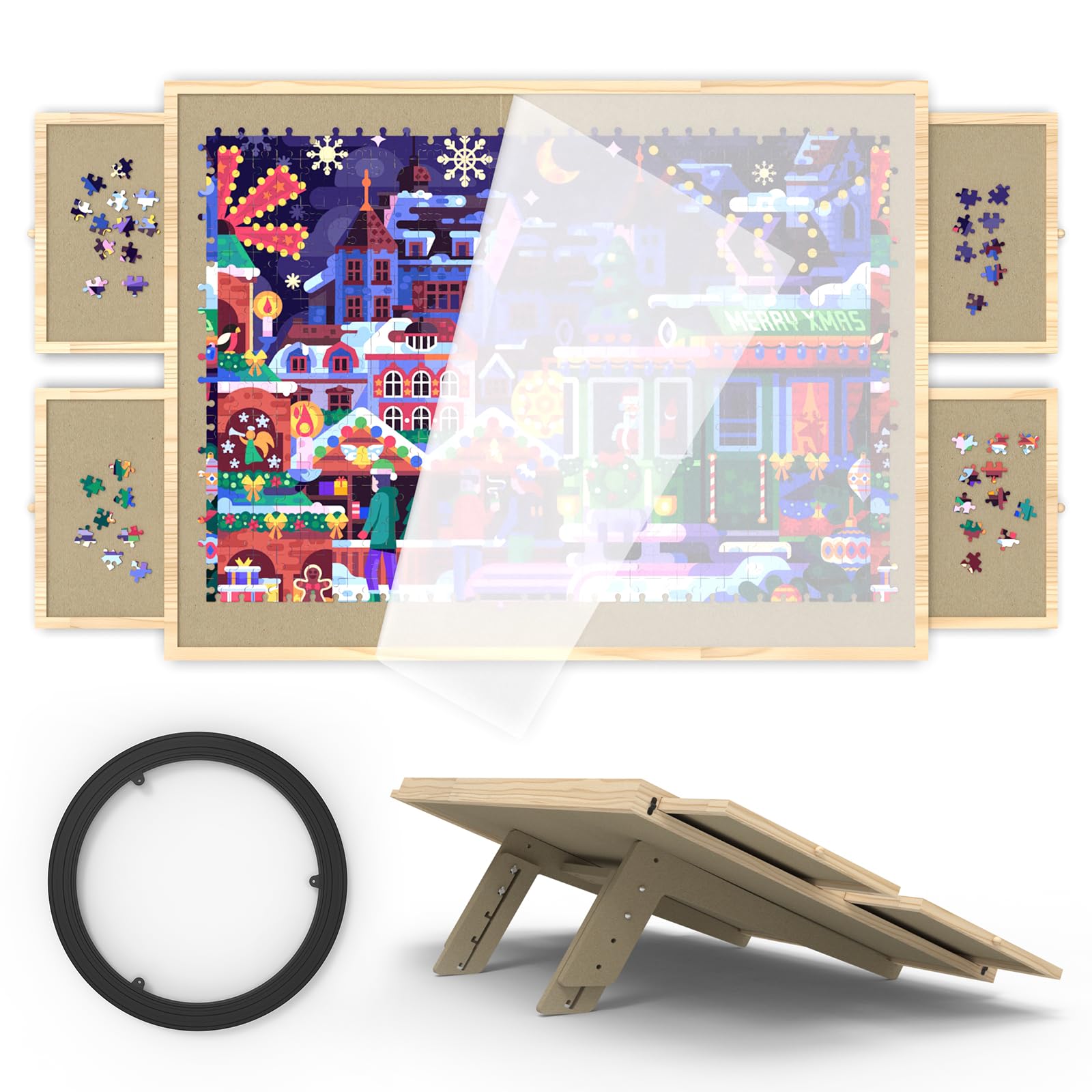 1500 Piece Jigsaw Puzzle Board with Drawers & Cover - Adjustable Tilt Stand & Rotating Lazy Susan - Portable Puzzle Mat for Adults & Kids - Perfect for Family Game Nights, Travel & Home Entertainment
