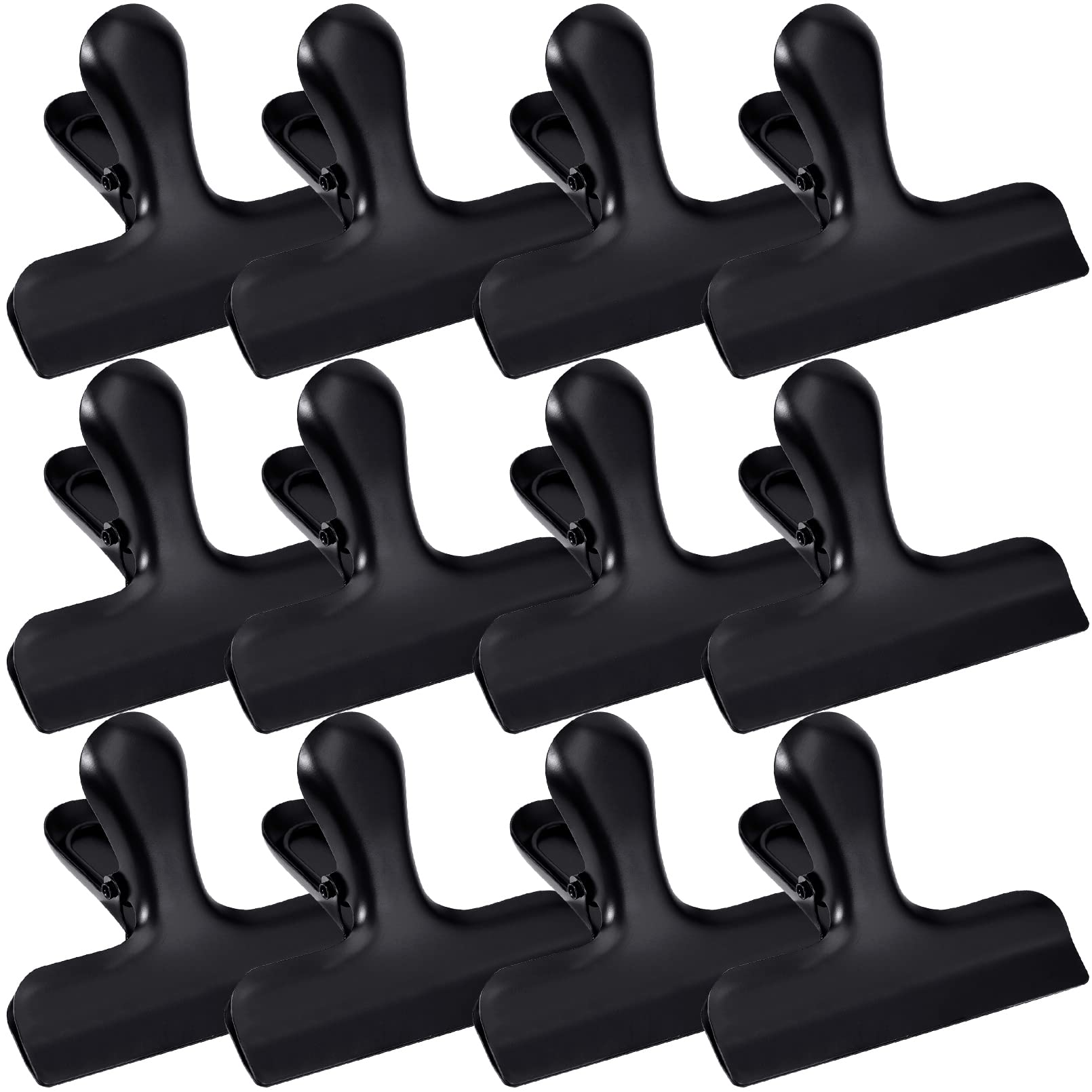 12 Pack Heavy Duty Stainless Steel Chip Bag Clips - 3 Inch Wide Metal Food Bag Clips with Round Edge & Air Tight Seal for Coffee, Bread, Snacks - Perfect for Kitchen, Office & Home Storage (Black)
