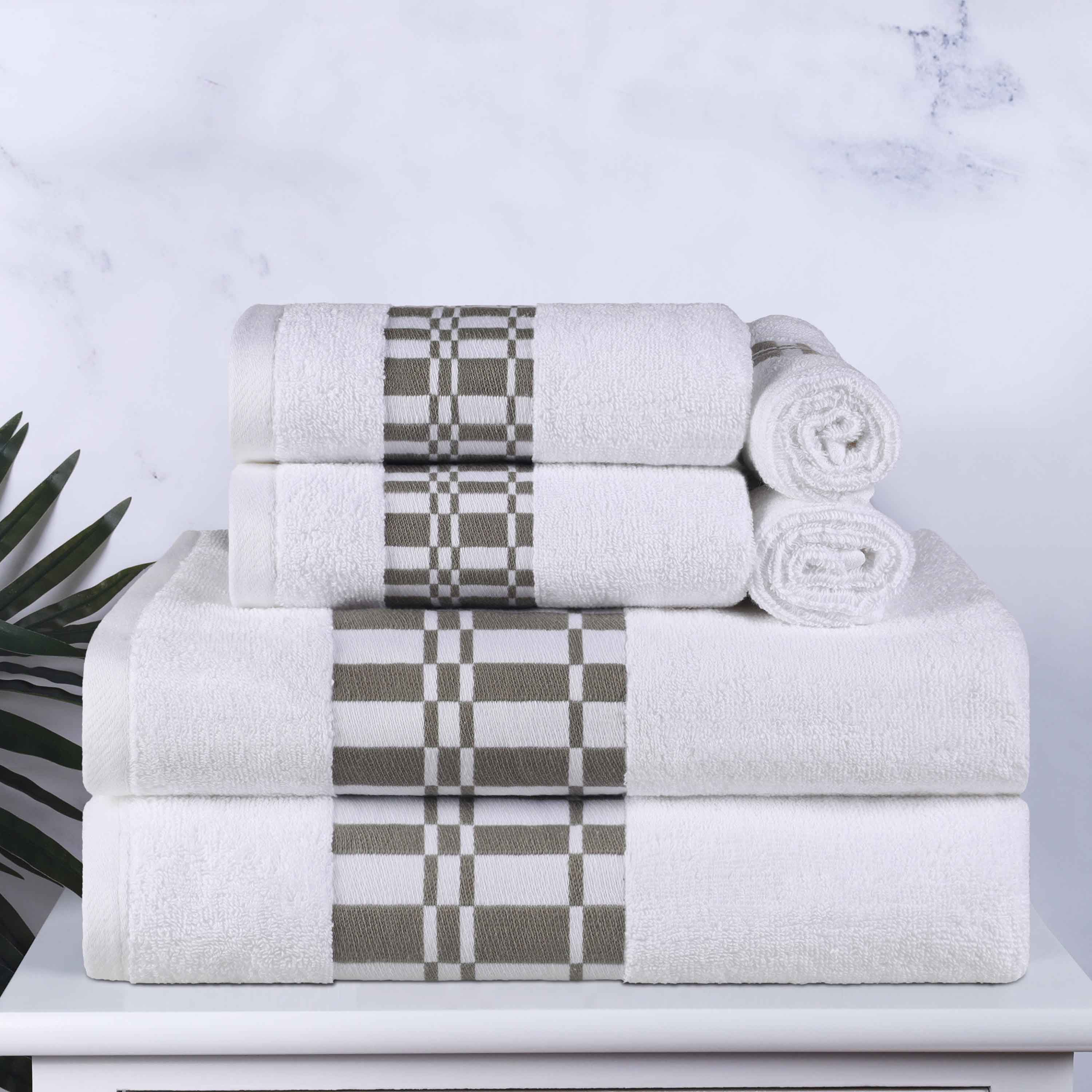 Larissa Cotton Geometric Embroidered Border 6-Piece Bath Towel Set | Soft & Absorbent Luxury Towels for Bathroom, Spa & Guest Use