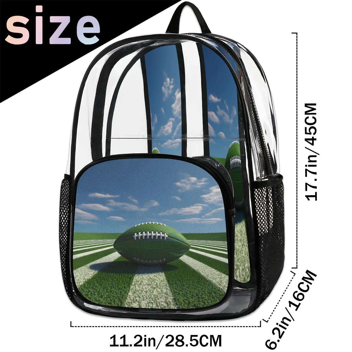 QIANDODUO Clear Transparent Football Backpack - Heavy Duty PVC Stadium Approved See Through Backpack for Men & Women - Perfect for Sports Games, Concerts, Travel & Security Checkpoints - Large Capacity Rugby Field Arena Backpack