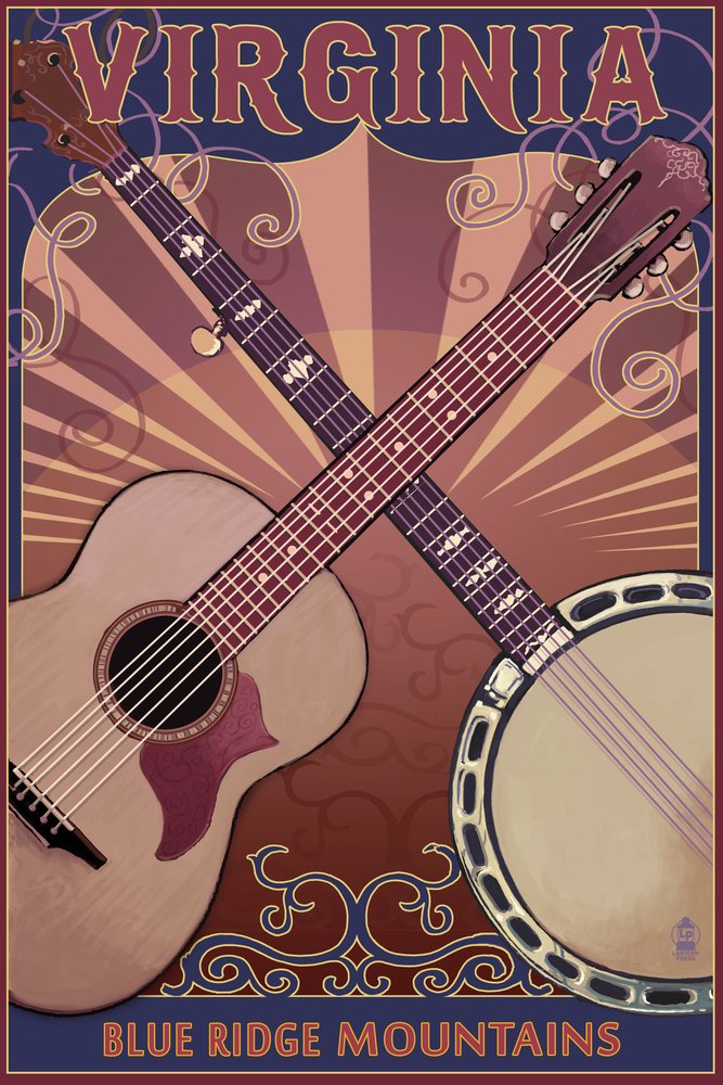 Blue Ridge Mountains Banjo Guitar Wall Art - 12x18 Gallery Quality Metal Print, Aluminum Home Decor for Living Room, Bedroom & Office