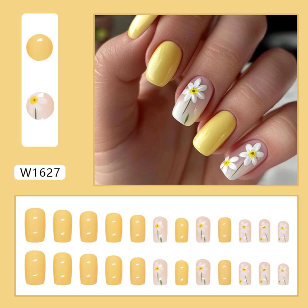 24 Pcs Yellow Press on Nails Medium Square - QUNQINLI Fake Nails Full Cover Glossy False Nails with Cute Flowers Design, Acrylic Nail Art Kit with Glue for Women & Girls - Perfect for Parties, Weddings, and Everyday Manicure