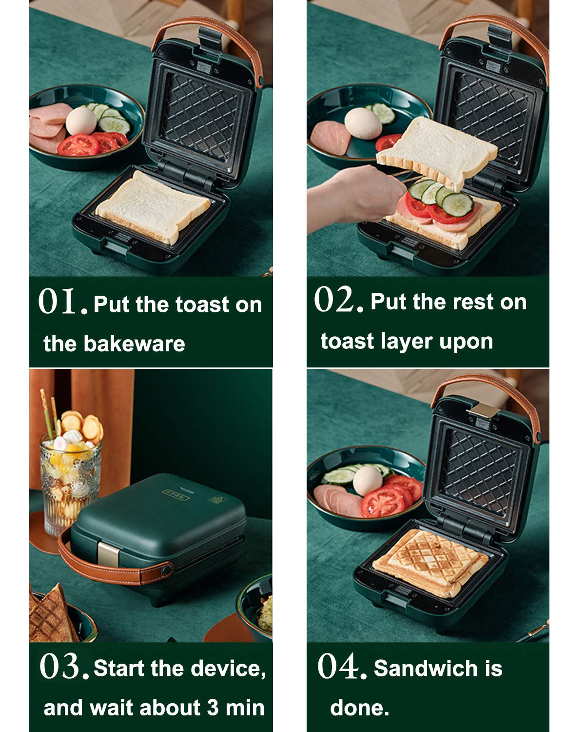 3-in-1 Sandwich Waffle Eggette Maker - Portable Electric Panini Press with Non-Stick Coated Detachable Plates & Double-Sided Heating - Perfect for Breakfast, Snacks & Quick Meals at Home, Office or Camping