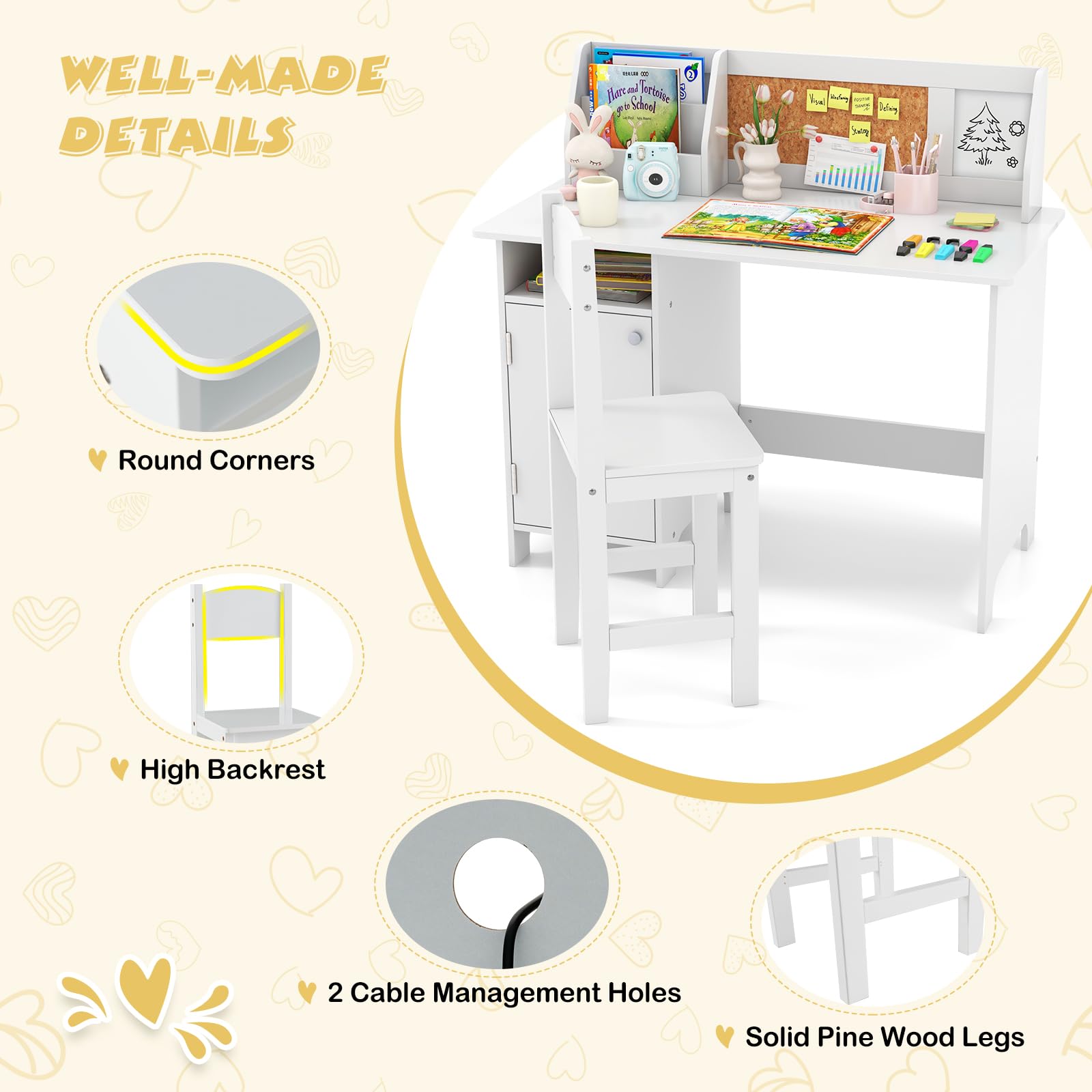 Costzon Kids Desk and Chair Set - Adjustable Wooden Study Table with Storage, Hutch, Cork Board & Whiteboard | Ergonomic Children's Writing Desk for Homework, Online Learning & Bedroom | Perfect for School, Homeschool & Small Spaces (White)