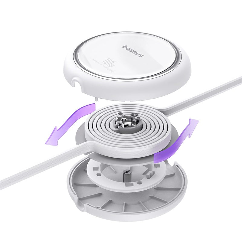 Baseus Free2 Draw Mini 100W Retractable USB-C to USB-C Fast Charging Cable (1m, White) - Perfect for Travel, Office, and Home Charging