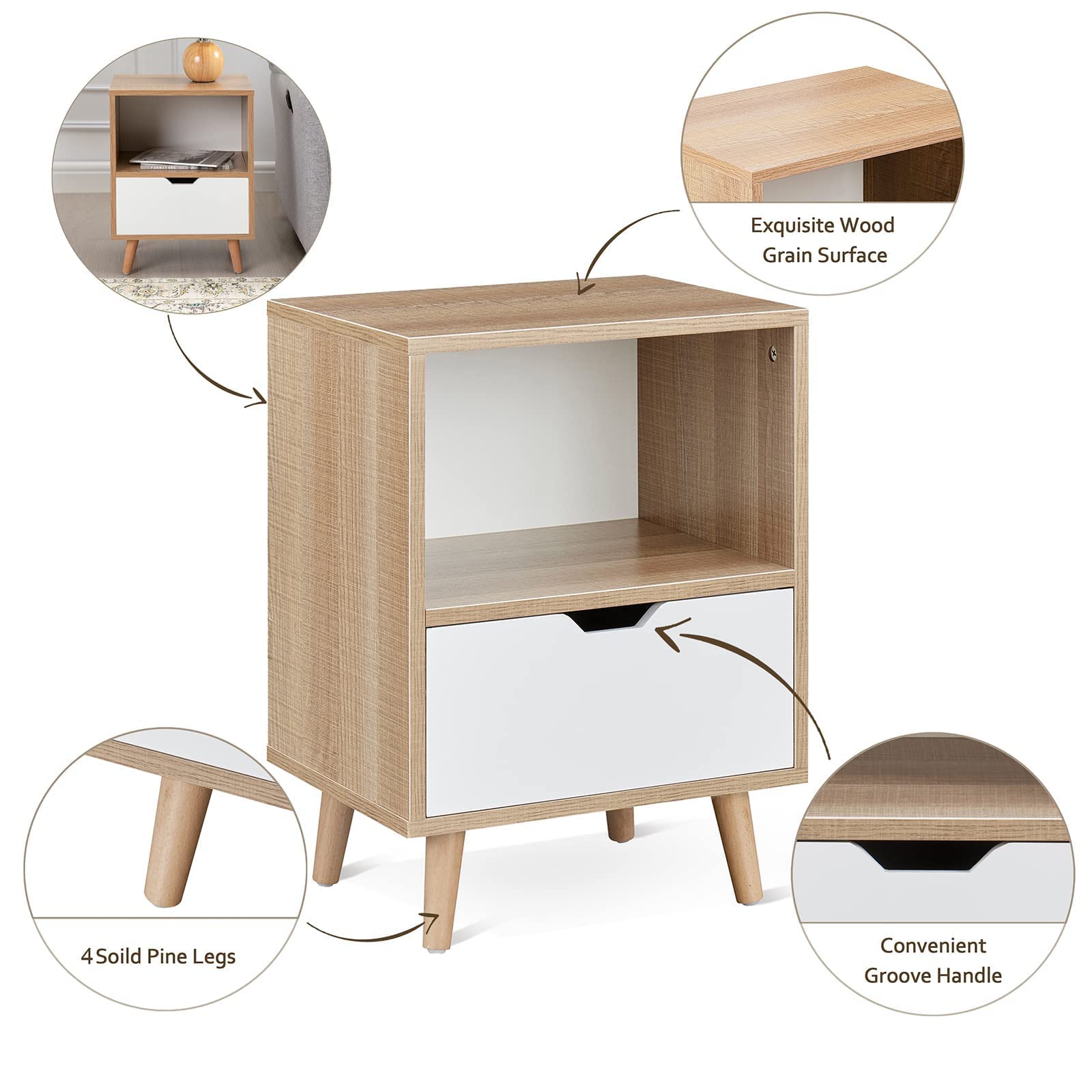 Modern Wooden Nightstand with Open Shelf & Storage Drawer - 2-Tier Bedside End Table with Anti-Slip Rubber Padded Legs, Set of 2, Tan - Perfect for Bedroom, Living Room, or Office Organization