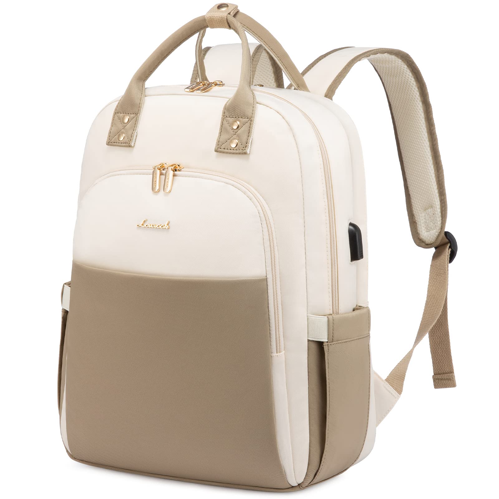 LOVEVOOK 15.6 Inch Waterproof Laptop Backpack for Women - USB Charging Port, Large Work Bag for Teacher, Nurse & Business Travel, Durable Computer Backpack (Beige-Khaki) - Perfect for Office, School & Daily Commute