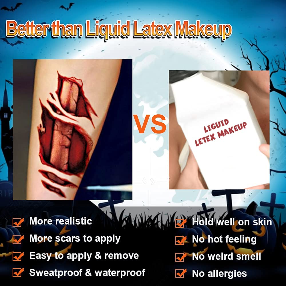 11-Piece Halloween Makeup Kit with Zombie, Vampire & Fake Blood - 61 Realistic Scars, Cuts & Tattoos for Cosplay, Horror Parties & Halloween Costume Contests