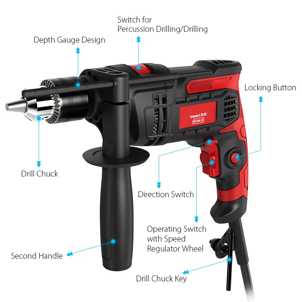 850W Heavy Duty Hammer Drill - 1/2 Inch 7 Amp Corded Impact Drill with 0-3000 RPM Variable Speed, 2-in-1 Hammer & Drill Function for Concrete, Steel, Wood & Plastic - Perfect for Construction, DIY Projects & Home Repairs