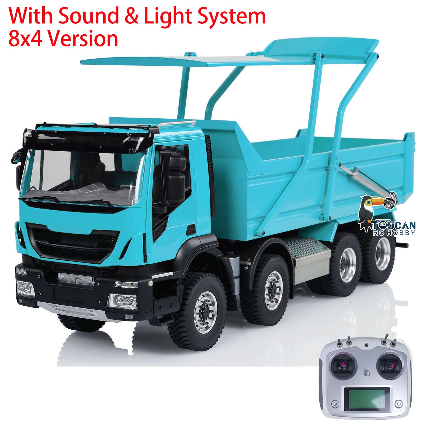 1/14 Scale Metal RC Hydraulic Dump Truck with Flip Cover - 8x4 Remote Control Tipper with LED Lights & Sound System - Ready-to-Run Painted Model for Construction Site Play & Collection