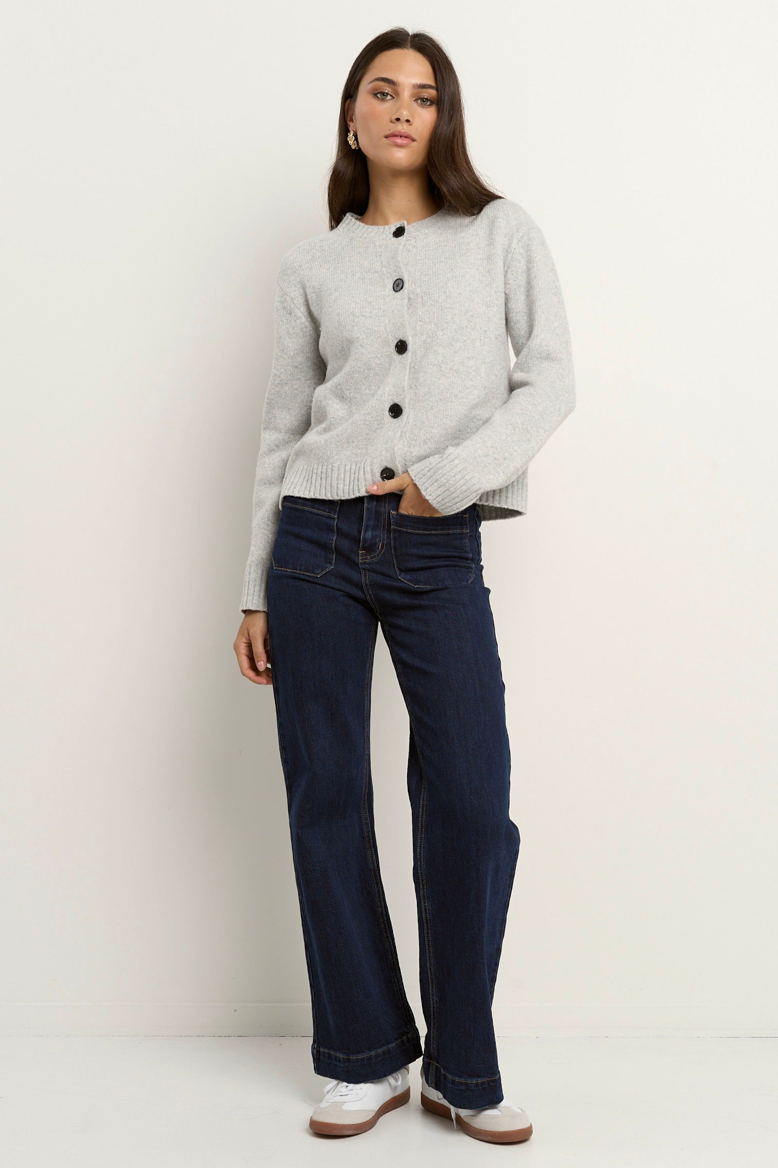 Crest Light Grey Marble Crewneck Cardigan for Women - Soft Knit Sweater for Casual Wear, Office Outfits & Fall Layering