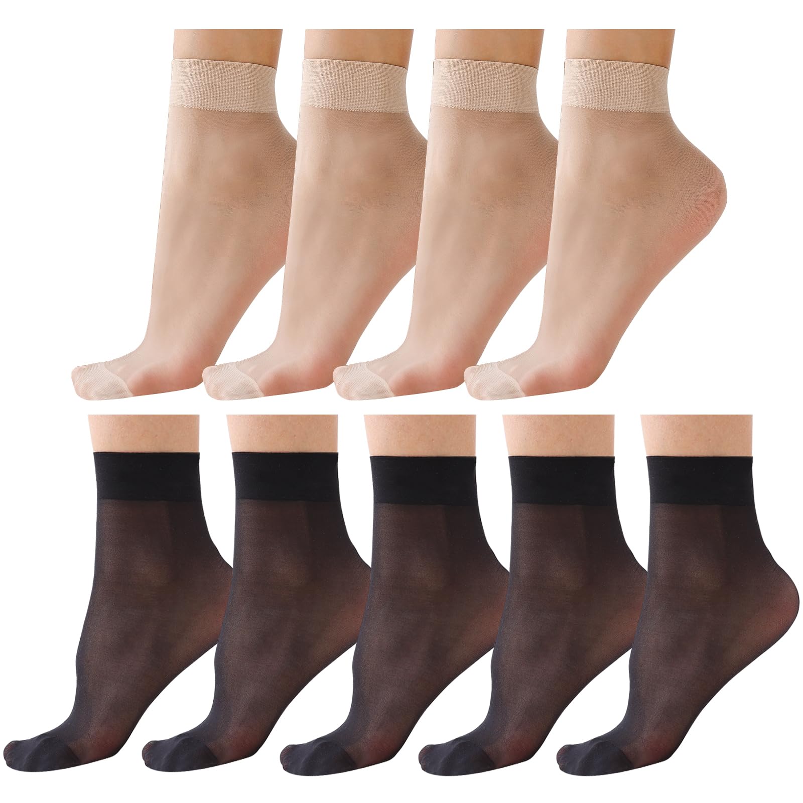 9 Pairs Women's 20 Denier Sheer Ankle Socks - Nylon Black & Nude One Size Socks for Everyday Wear, Office & Casual Outfits