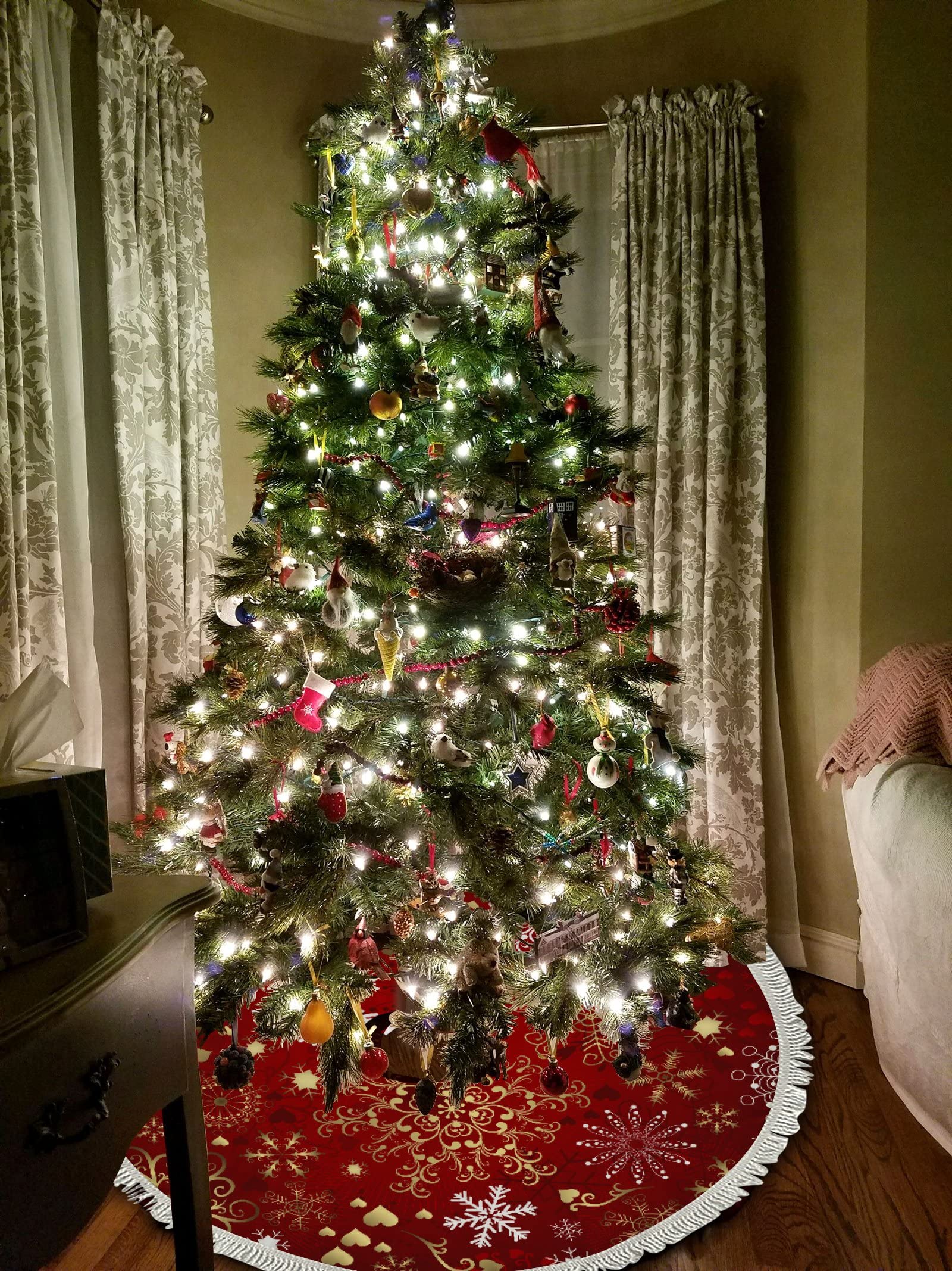 30 Inch Gold and Red Snowflake Christmas Tree Skirt - Rustic Holiday Decor for Indoor & Outdoor Use - Perfect for Christmas Party, Home Decoration, and Festive Gatherings