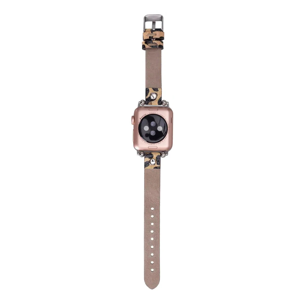 Leopard Print Genuine Leather Ultra Slim Apple Watch Band with Silver Rivets - Stylish & Durable Replacement Strap for Workouts, Office & Everyday Wear