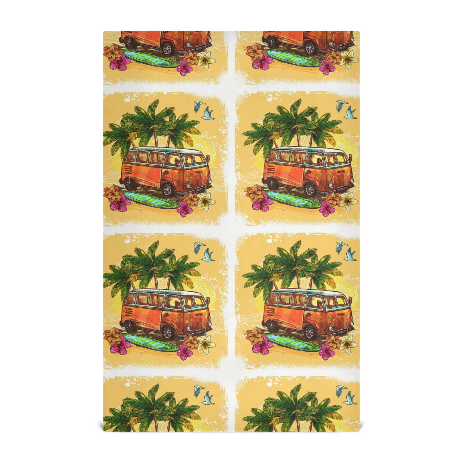 Vintage Hippy Hamper Bus Surfboard Flowers Palm Trees Kitchen Dish Towel Set - 1 Polyester Waffle Dishcloth, Hemmed Napkin & Hand Bar Tea Towel with Hanging Loop for Beach House, Coastal Kitchen & Boho Decor