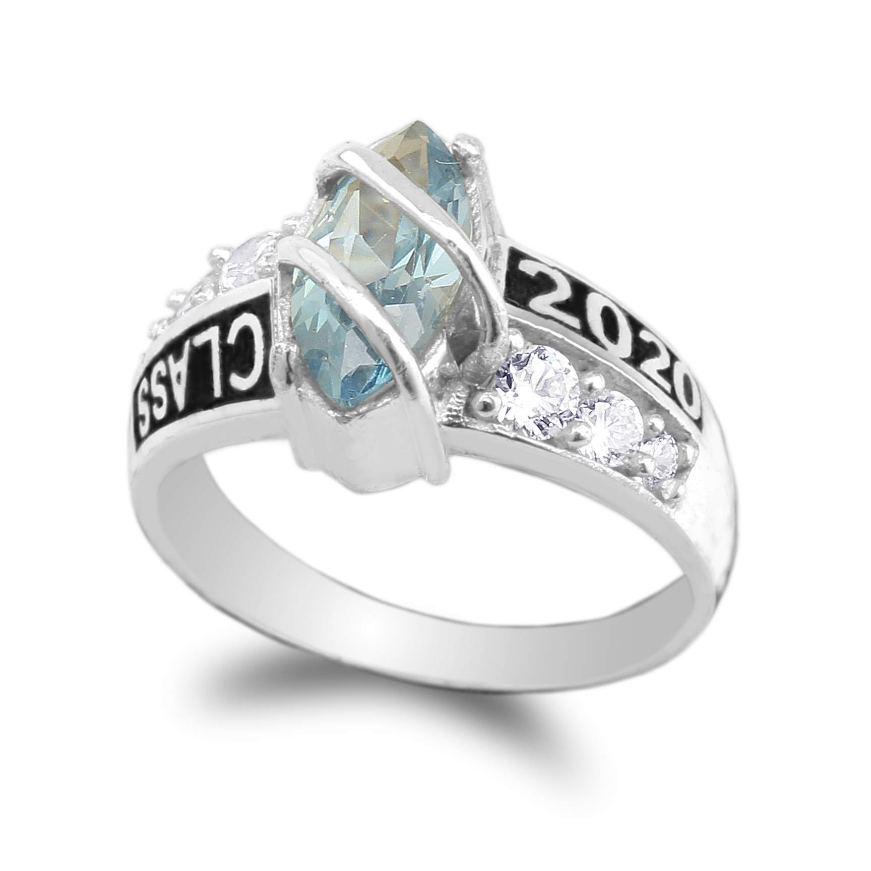 10K White Gold Class of 2020 1.25ct Aquamarine Blue Marquise CZ Graduation Ring Size 4-10 - Perfect for High School & College Graduation Gifts, Anniversary & Prom Jewelry