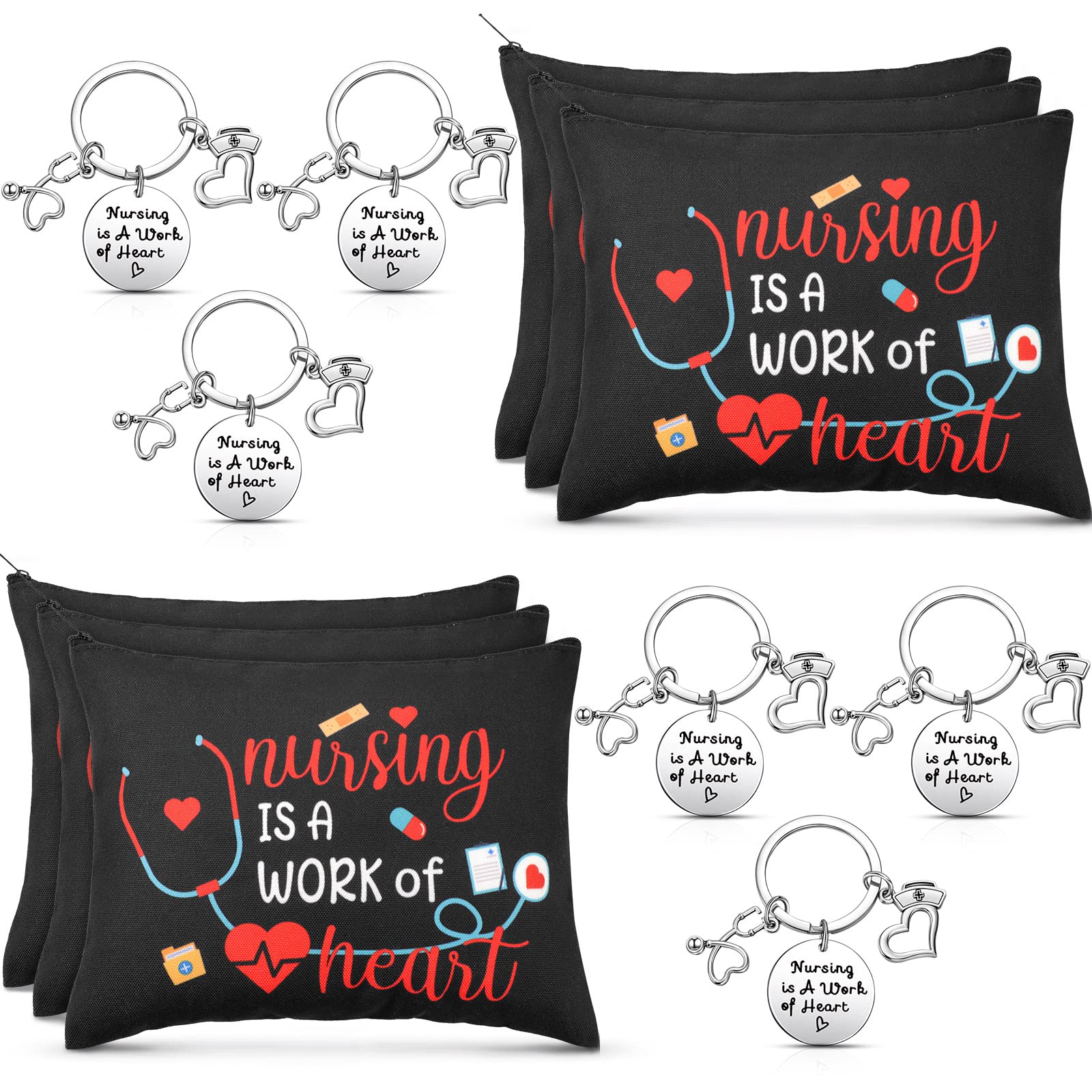 Yinkin 12-Piece Nurse Appreciation Gift Set - 6 Cosmetic Makeup Bags & 6 Inspirational Keychains - Perfect Christmas Gift for Women Nurses (Novelty Style) - Great for Nursing Graduation, Thank You Gifts & Healthcare Worker Appreciation