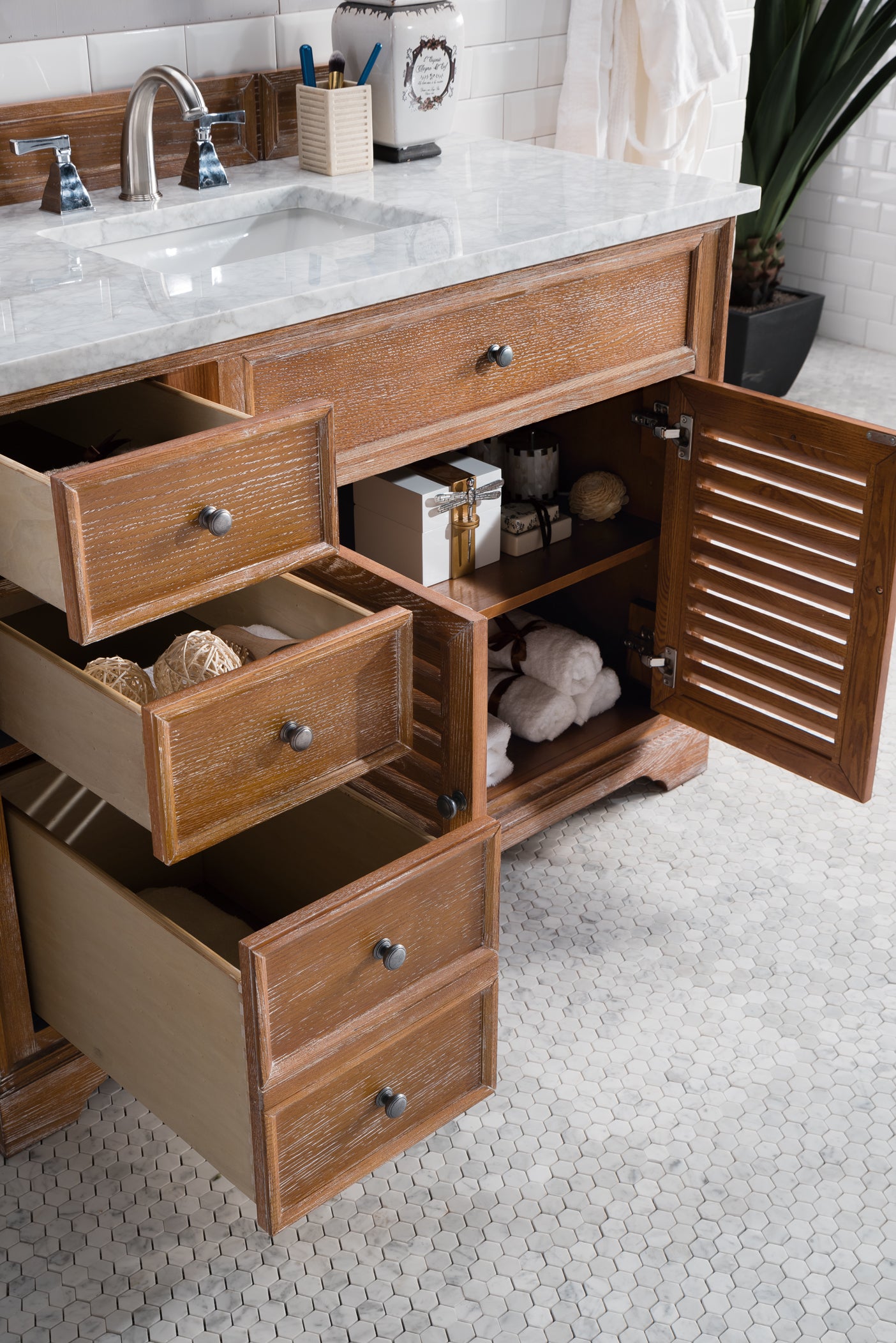 Savannah 48 Inch Driftwood Single Bathroom Vanity with 3CM Carrara Marble Top - Perfect for Modern Farmhouse, Coastal, or Transitional Style Bathrooms