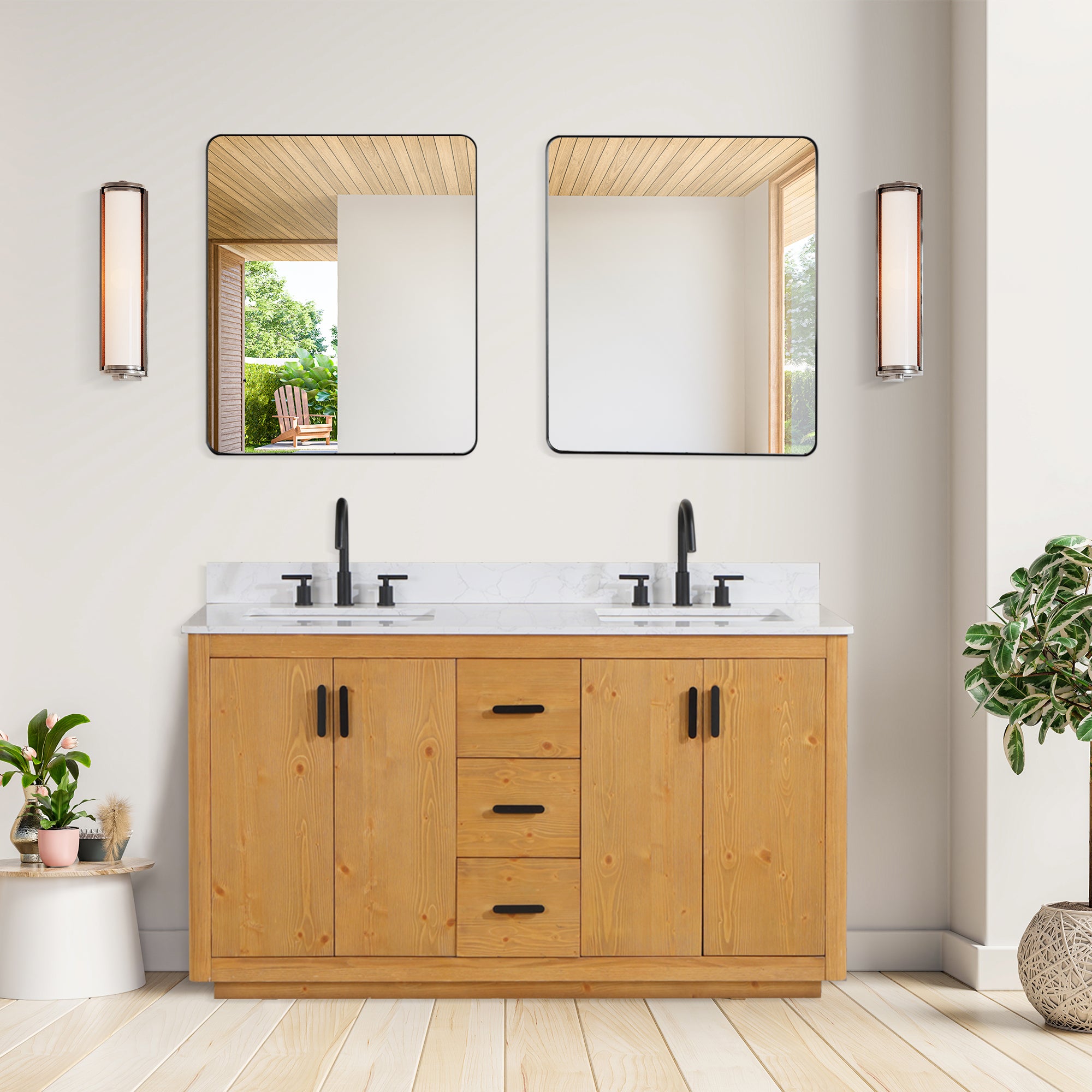 Perla 60 Inch Double Sink Bathroom Vanity Set with White Composite Stone Countertop - Modern Farmhouse Style for Master Bath or Guest Bathroom Remodel