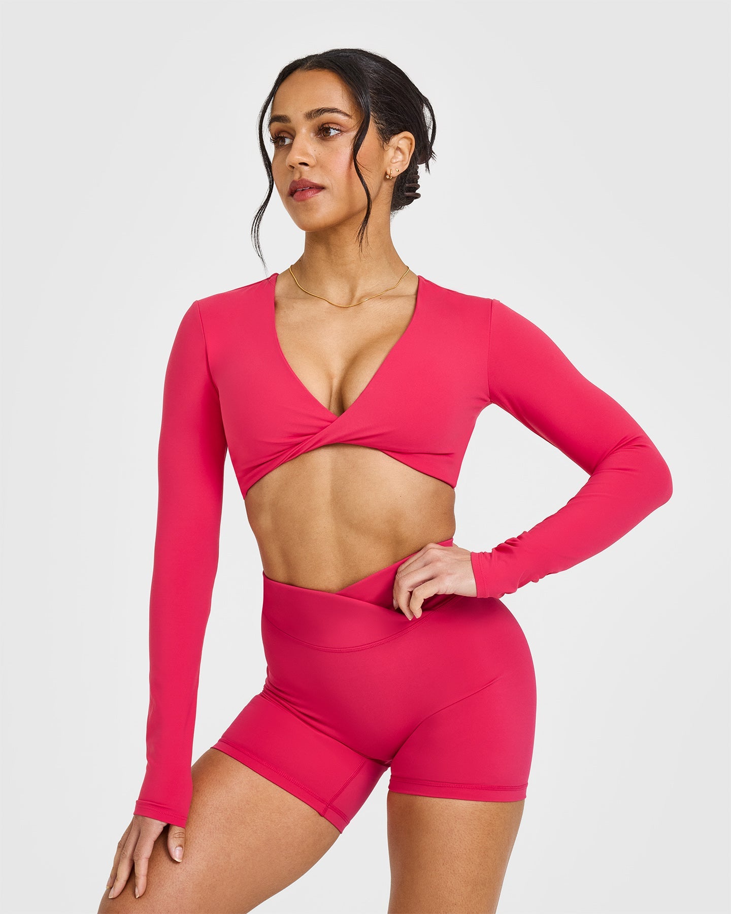 Berry Bloom Twist Front Long Sleeve Crop Top - Women's Fashion Tops for Casual Wear, Date Night & Street Style