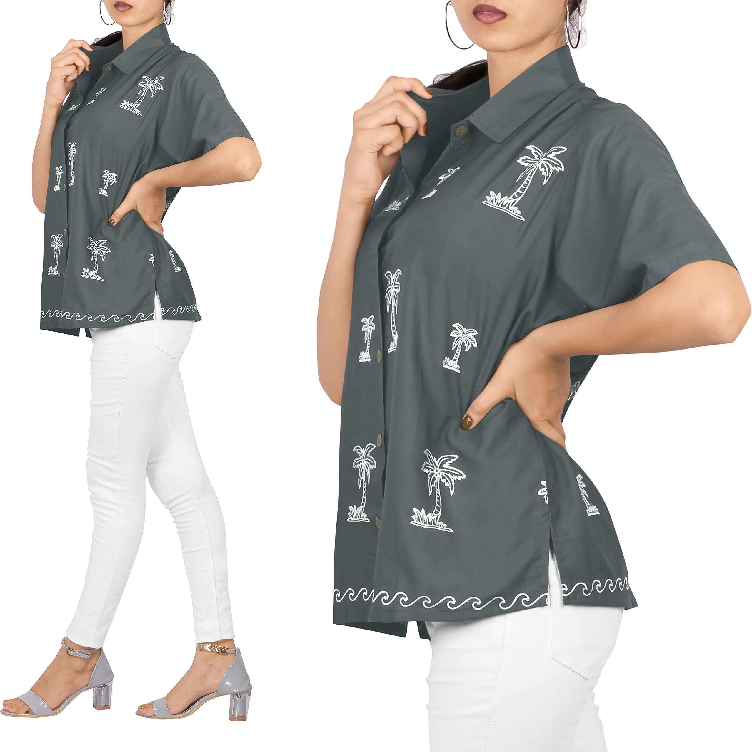LA LEELA Women's Short Sleeve Hawaiian Blouse - Floral Print Vacation Shirt for Beach, Summer & Casual Outings