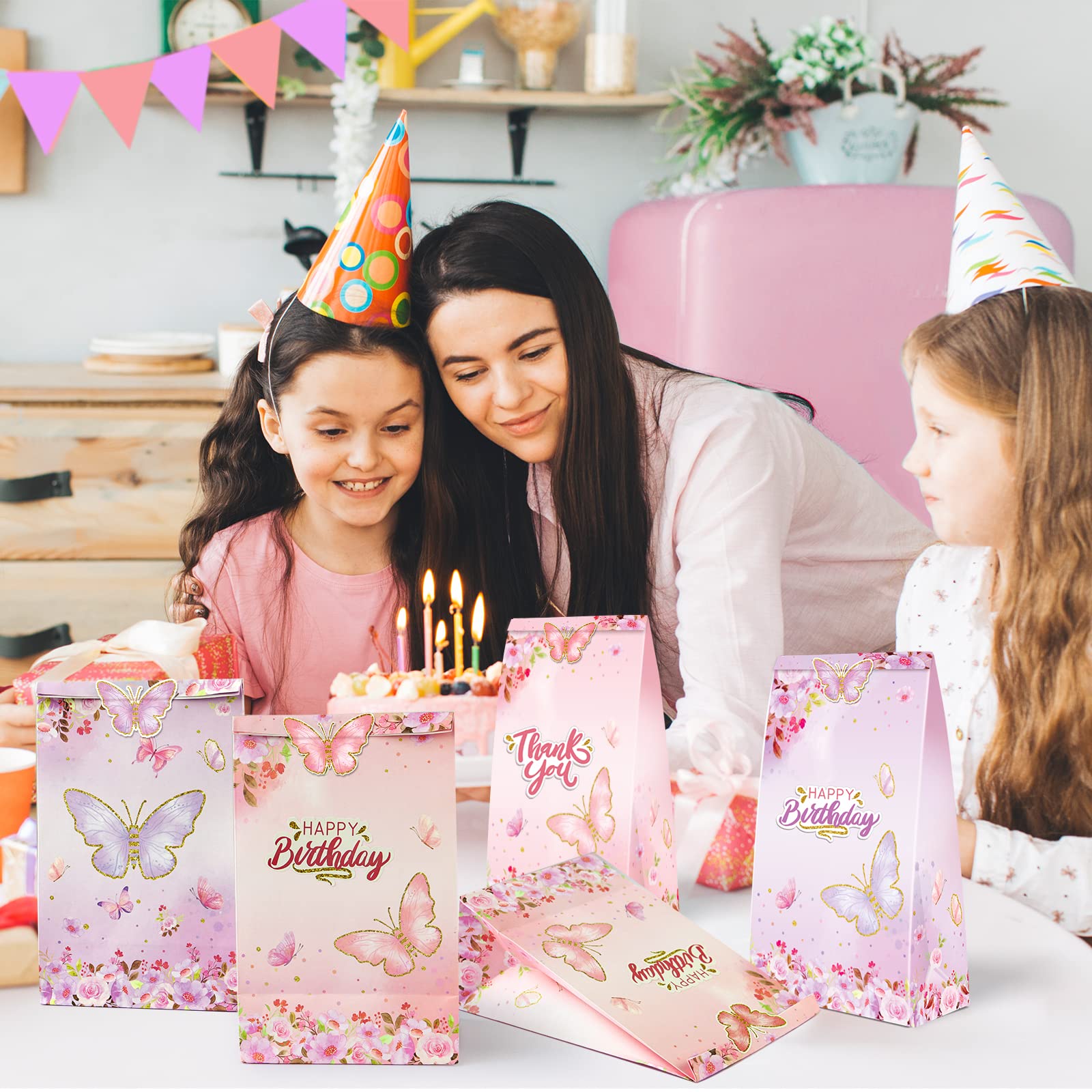 24-Piece LWBDD Butterfly Candy Gift Bags - Pink & Purple Rainbow Party Decorations with 24 Stickers | Perfect for Birthday Parties, Valentine's Day, Easter & Baby Showers | Reusable Paper Favor Bags for Kids & Adults