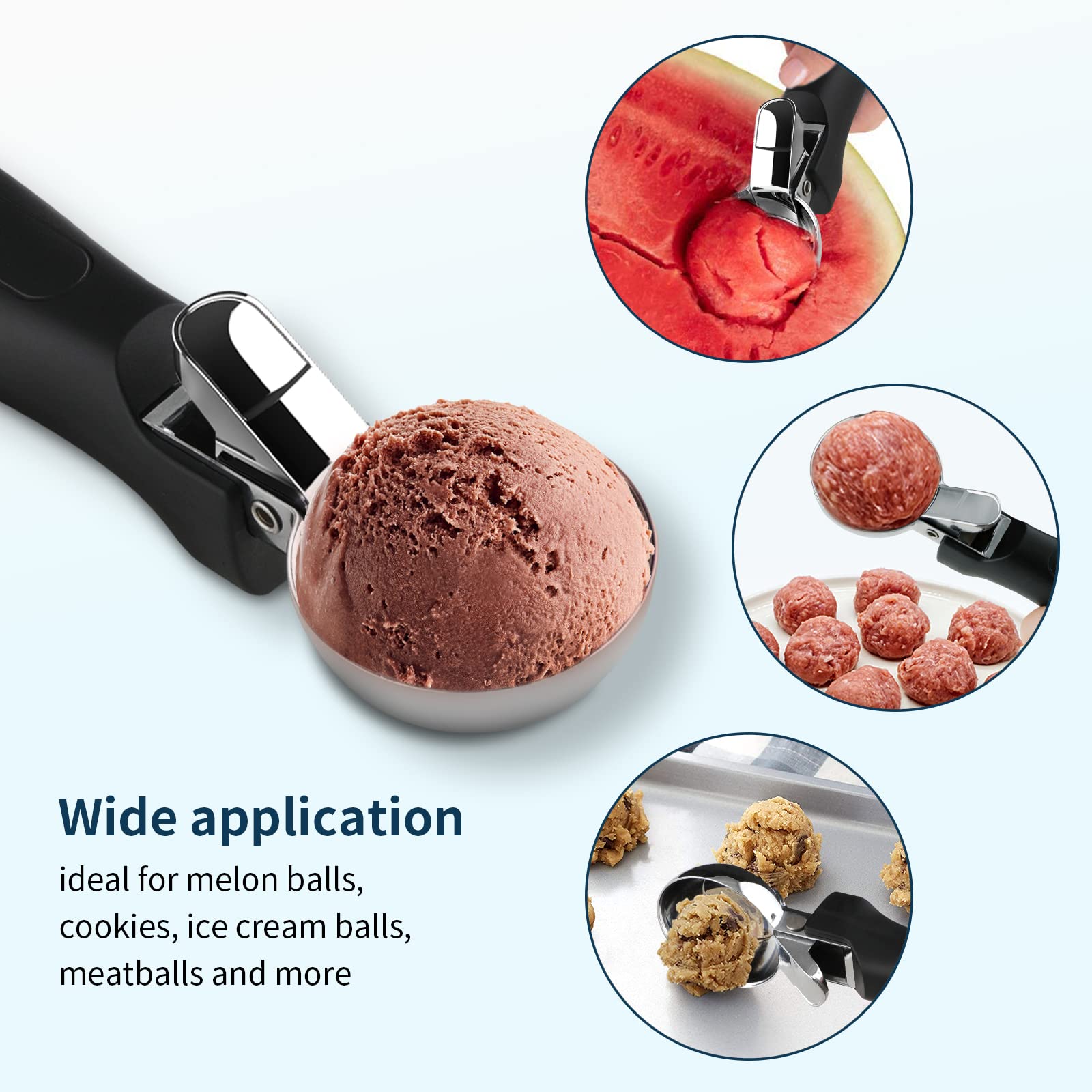 Premium Ice Cream Scoop & Cookie Dough Scooper - Heavy Duty Stainless Steel with Ergonomic Soft Grip Handle - Perfect for Baking, Ice Cream Parlors, Home Kitchens (Black) - Ideal for Scooping Ice Cream, Cookie Dough, Cupcakes, Protein Balls & Meatballs