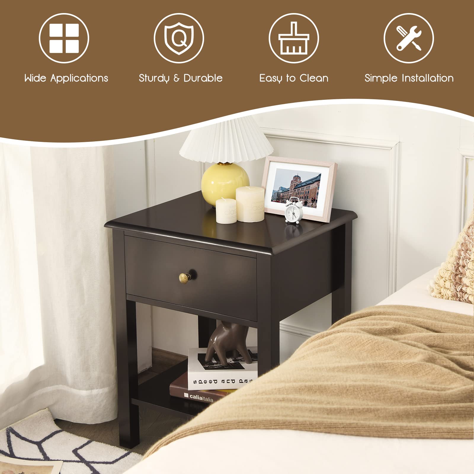 Julimoon Rustic Brown Nightstand with Drawer and Open Shelf - Modern Wood End Table for Bedroom, Living Room, or Sofa Bed - Perfect for Small Spaces, Apartment Decor & Farmhouse Style Homes