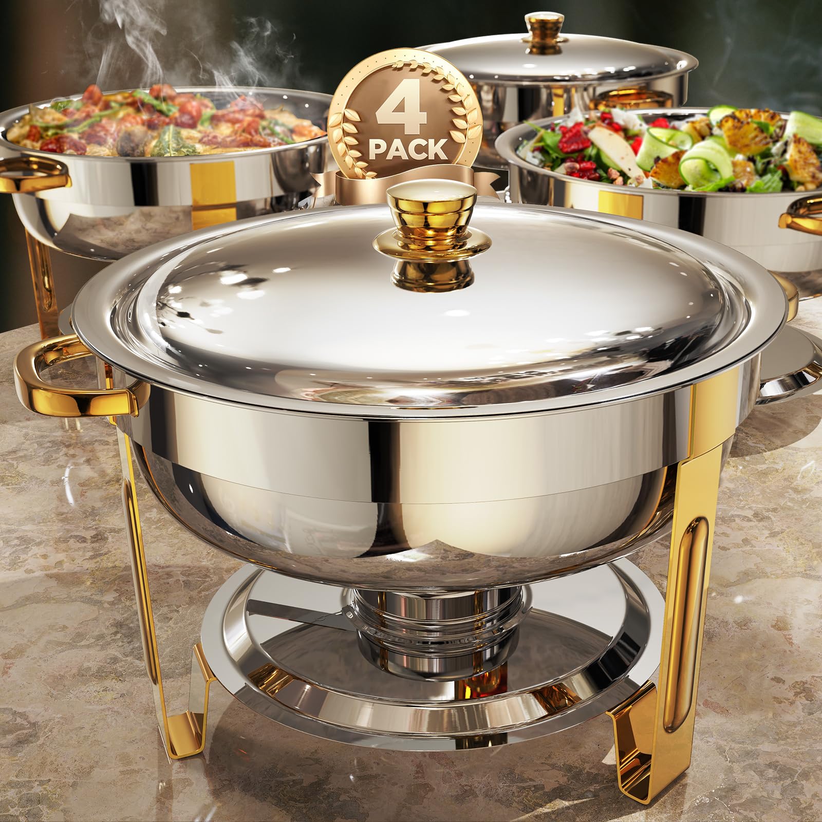 5QT Stainless Steel Chafing Dishes 4-Pack - Elegant Gold & Silver Buffet Warmers Set for Catering, Parties & Events | Complete Accessories Included | Perfect for Weddings, Banquets & Buffet Serving
