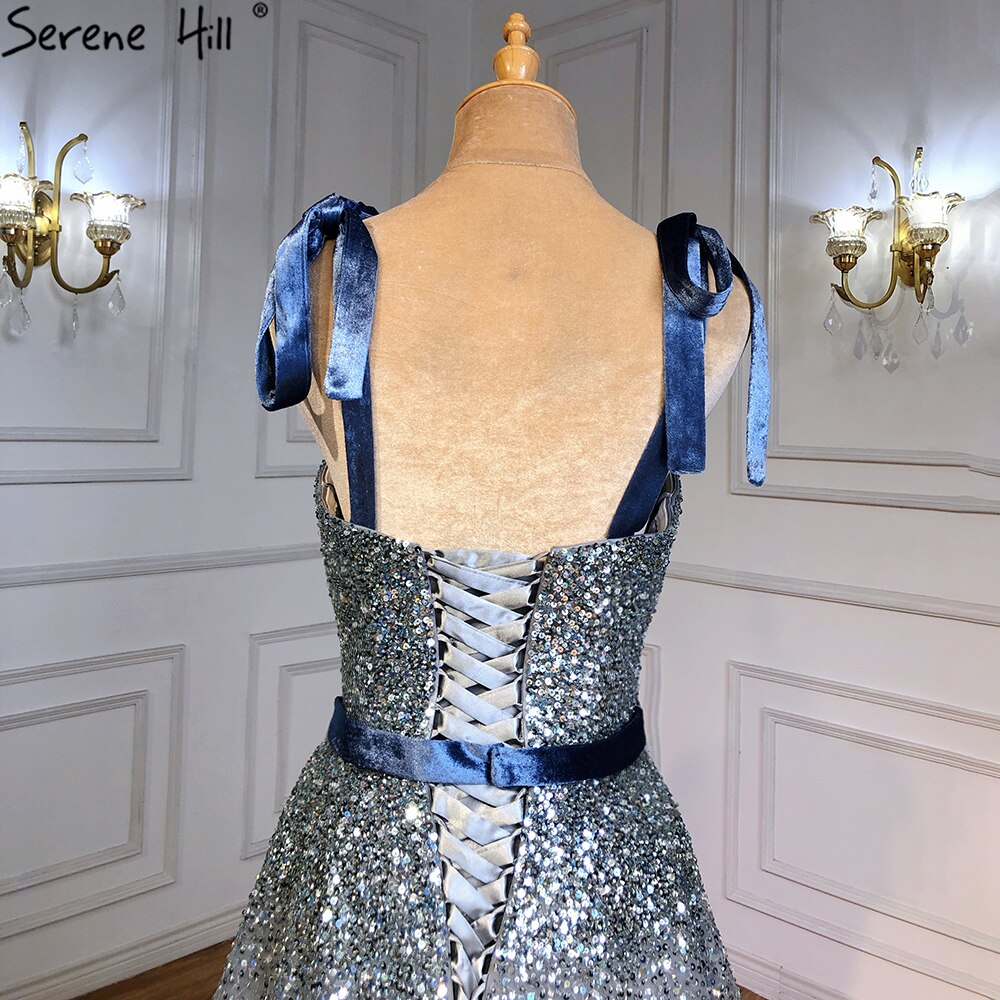 Serene Hill Grey Blue A-Line Luxury Evening Dress with Spaghetti Straps & Beading - Elegant Women's Party Gown for Prom, Wedding & Special Occasions | LA70888
