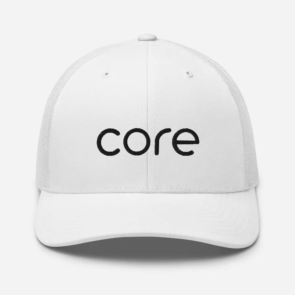 CORE Swimcore Trucker Hat - White Performance Mesh Snapback for Swimming, Fitness & Outdoor Activities | Lightweight Breathable Coach Cap for Men & Women