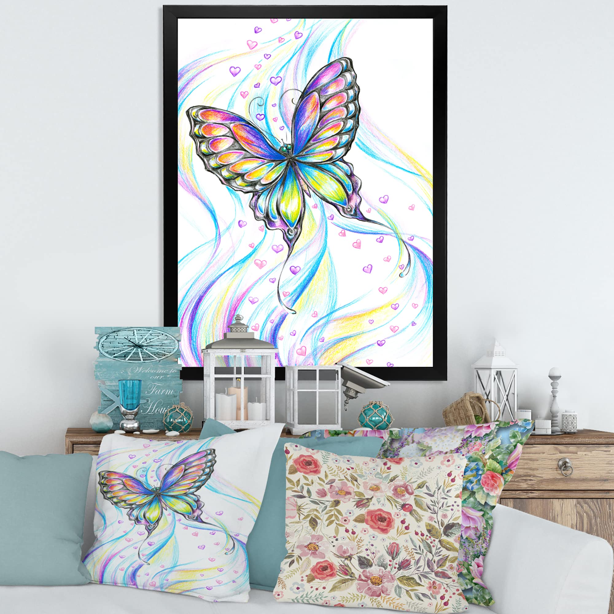 **DesignQ Iridescent Butterfly Traditional Framed Wall Art - Elegant Home Decor for Living Room, Bedroom & Office**