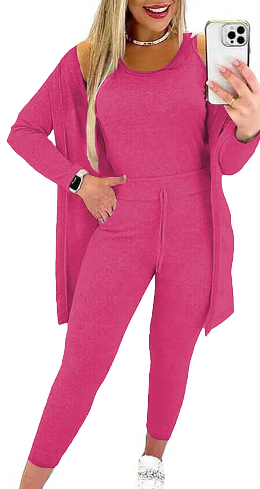 BDAILKA Women's 3-Piece Lounge Set - Comfy Tank Top, High Waisted Pants & Cardigan | Soft Loungewear Outfit for Home, Yoga & Relaxation | Casual Comfort Wear for Women