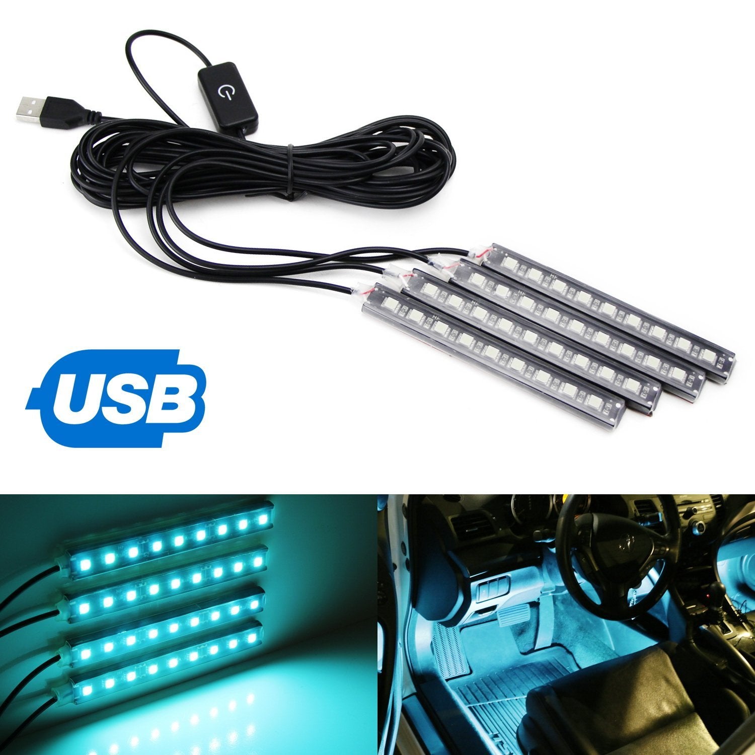 4-Piece Ice Blue LED Ambient Lighting Kit for Car Interior - 5V USB Powered - Enhance Your Vehicle's Mood Lighting for Night Driving & Custom Decoration