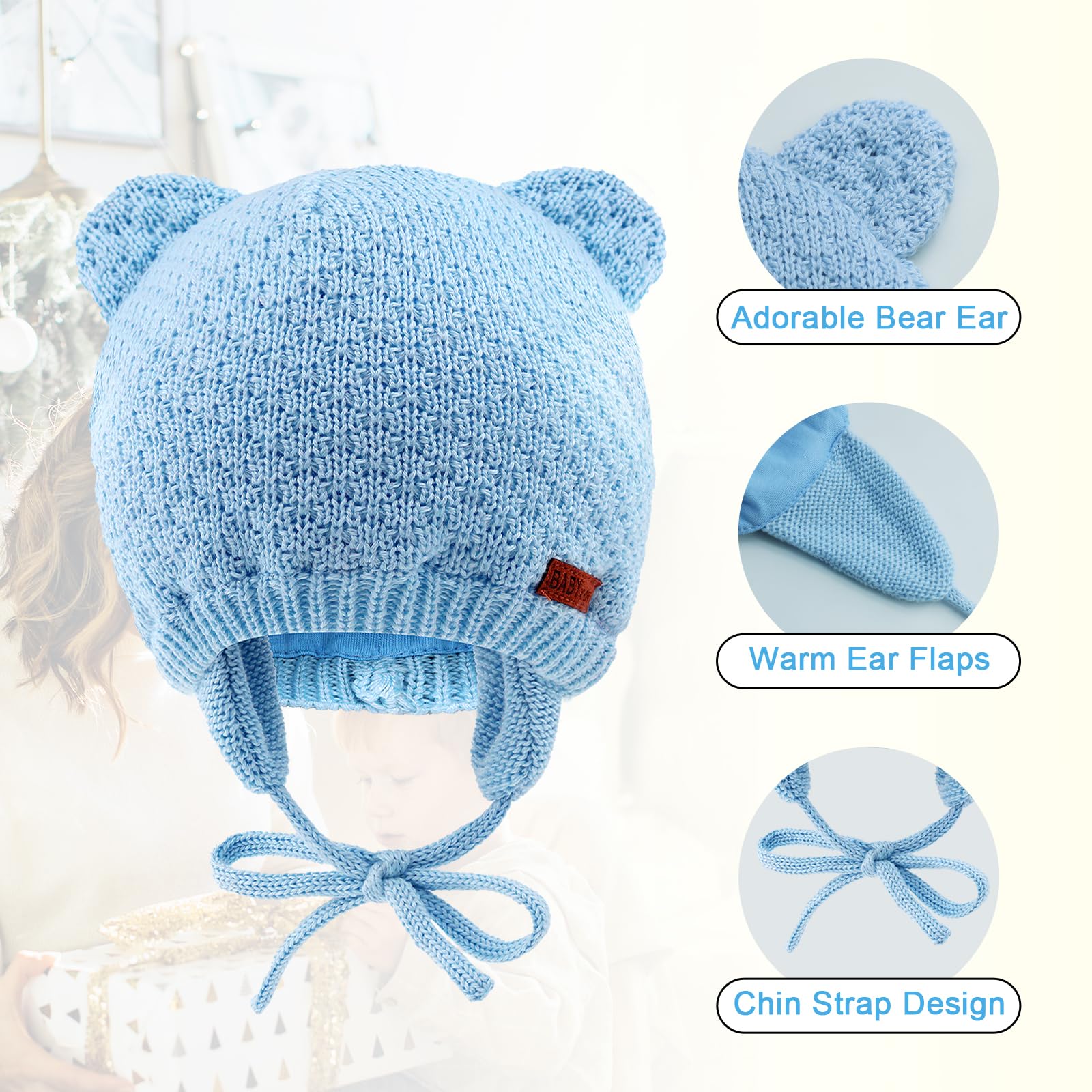 XIAOHAWANG Baby Hat - Cute Bear Toddler Earflap Beanie for Boys & Girls - Warm Winter Knit Hat for Infants 0-24 Months - Soft Fleece Lined for Fall & Winter Outdoor Play