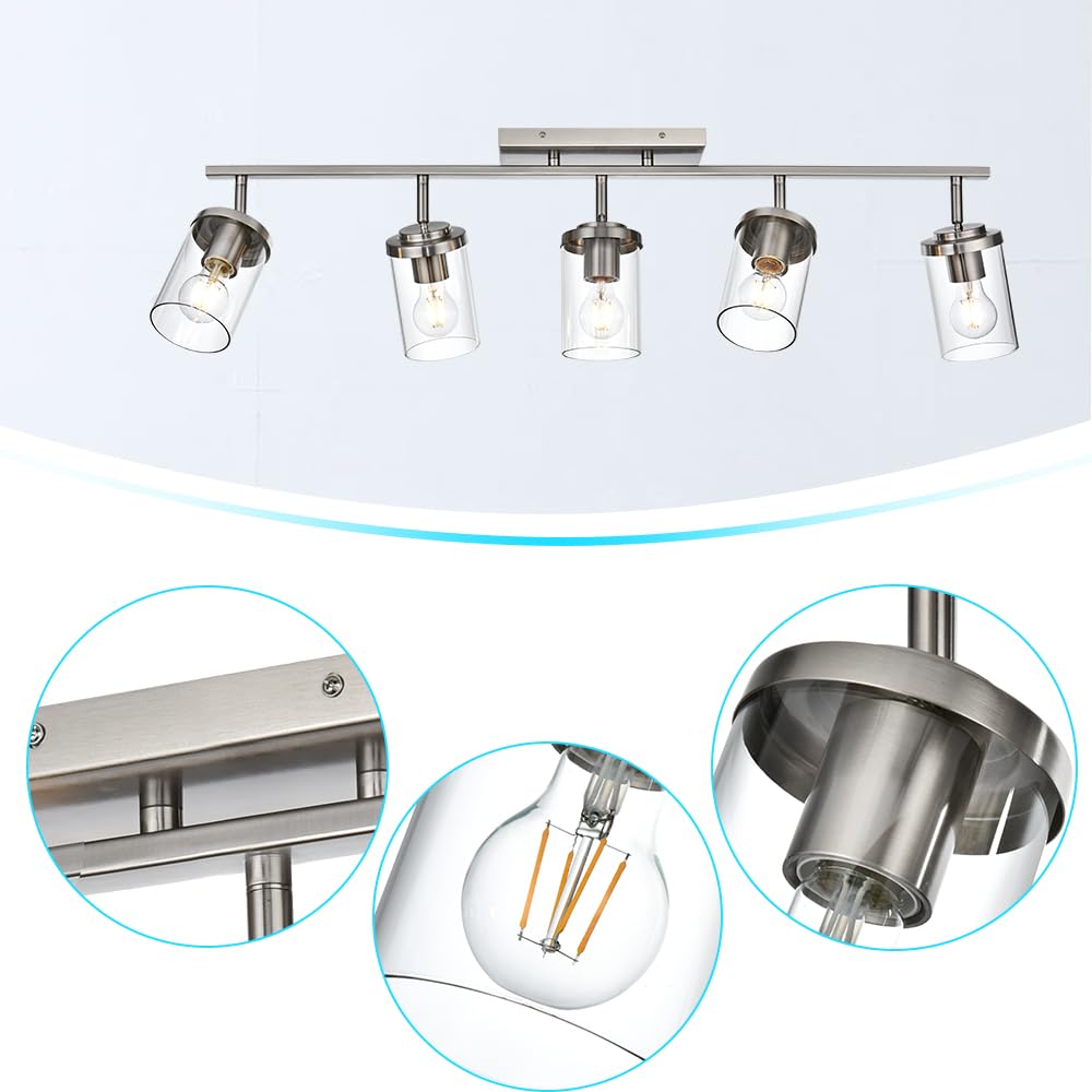 BONLICHT Modern 5-Light Brushed Nickel Track Lighting Fixture - Flush Mount Ceiling Light for Kitchen, Bathroom, Living Room - Industrial Style Spot Lights with Clear Glass Shade - Perfect for Home, Office, Restaurant Lighting