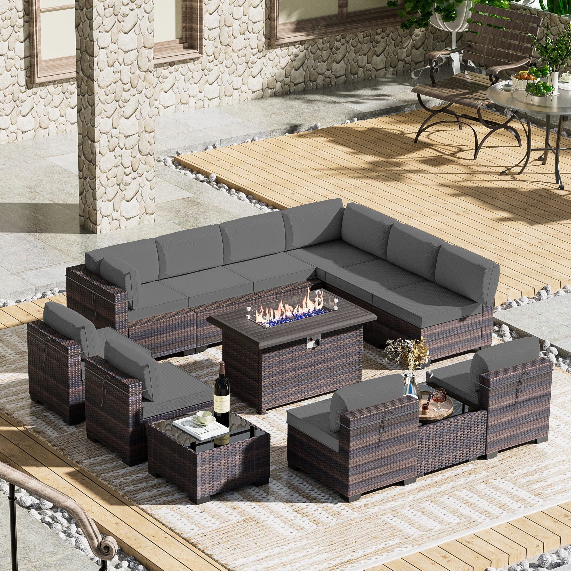 13-Piece Outdoor Patio Furniture Set with Propane Fire Pit Table - Grey Patio Sectional Sofa Conversation Set w/ ETL-Approved 43