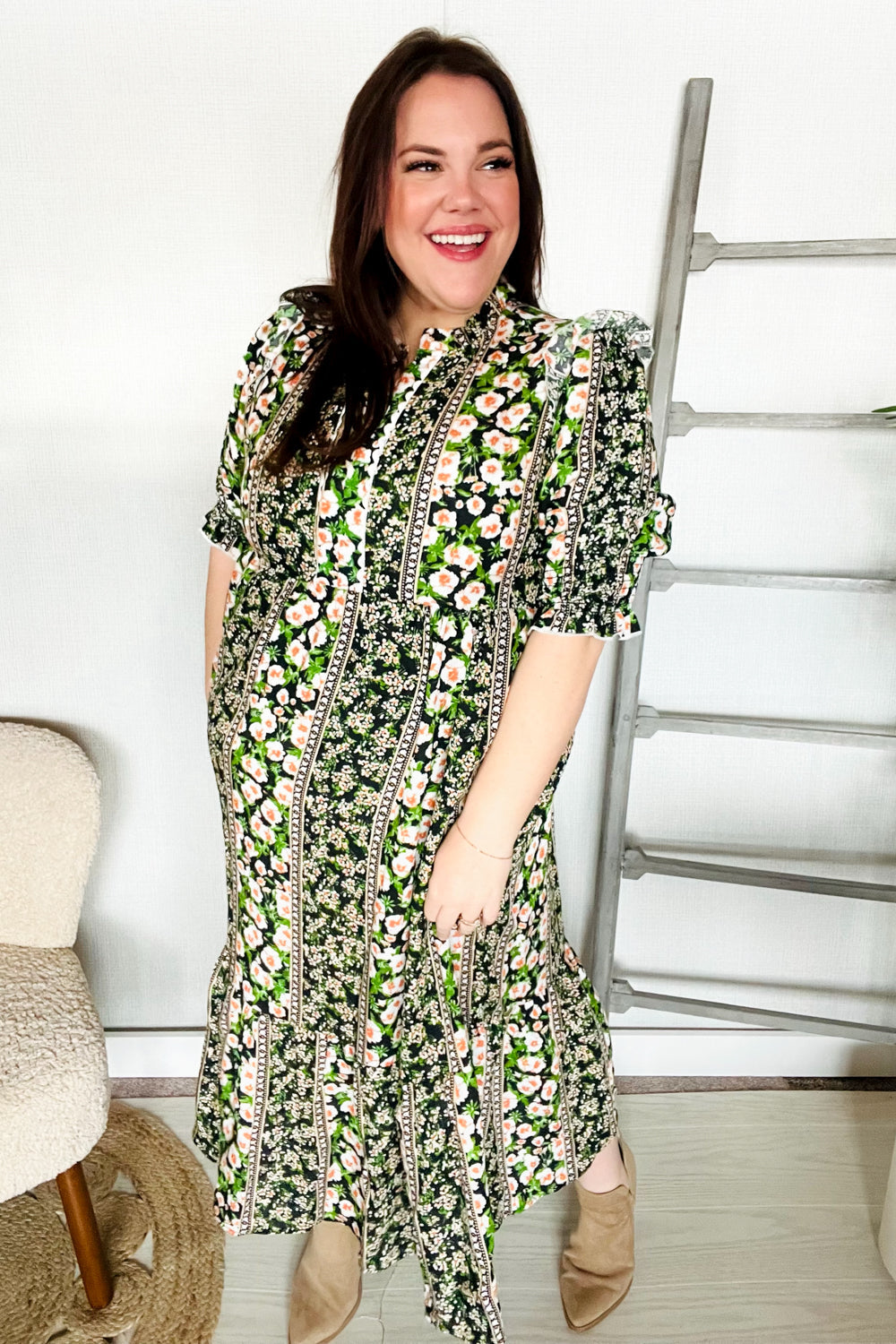 Elegant Black & Green Ruffled Notch Neck Babydoll Smocked Midi Dress for Women | Flowy Summer Dress for Date Night, Garden Party & Special Occasions